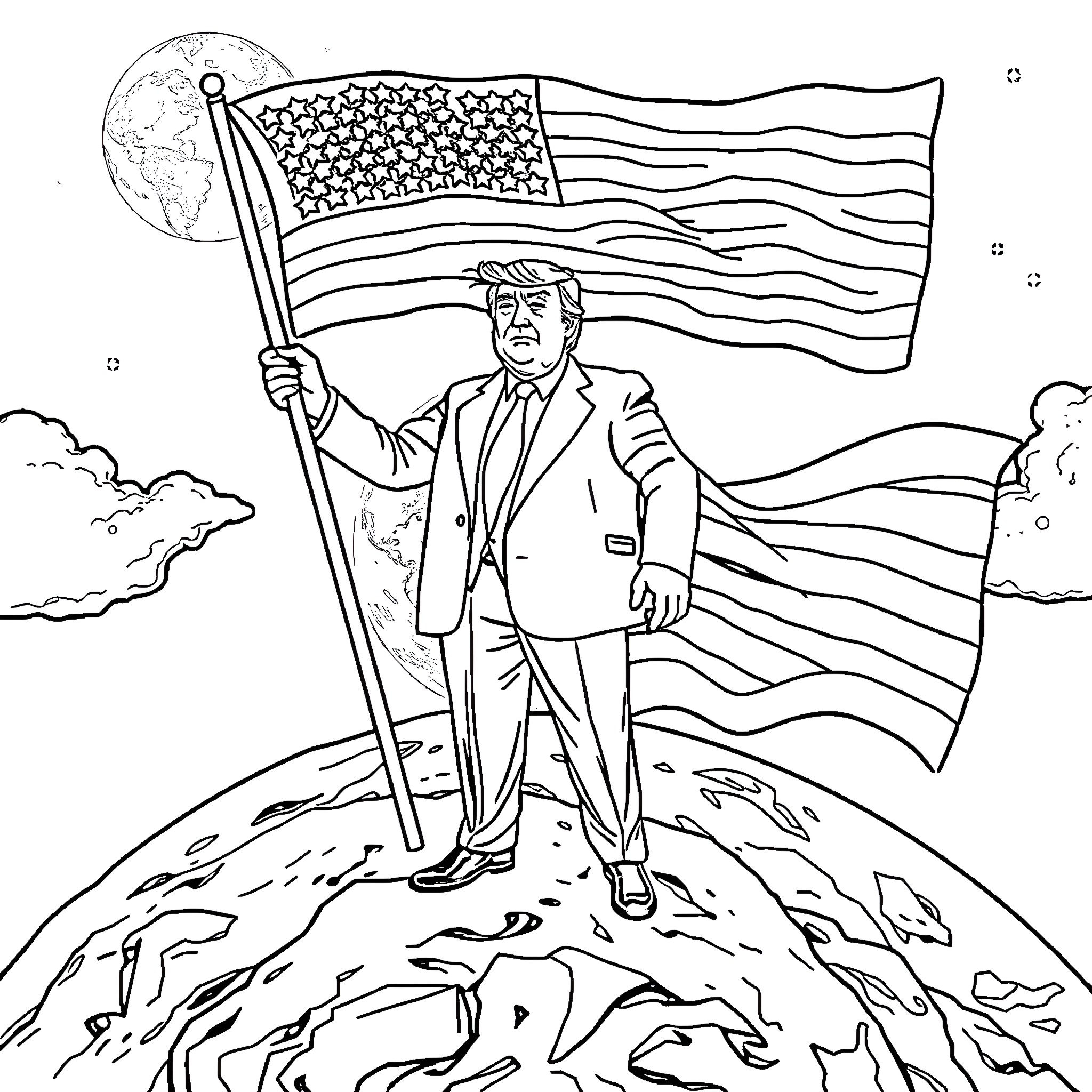 Trump standing tall and proud with American flag Coloring Page (free black-and-white line drawing printable PDF for all, from beginners to advanced learners, including children, teens, adults, and seniors)