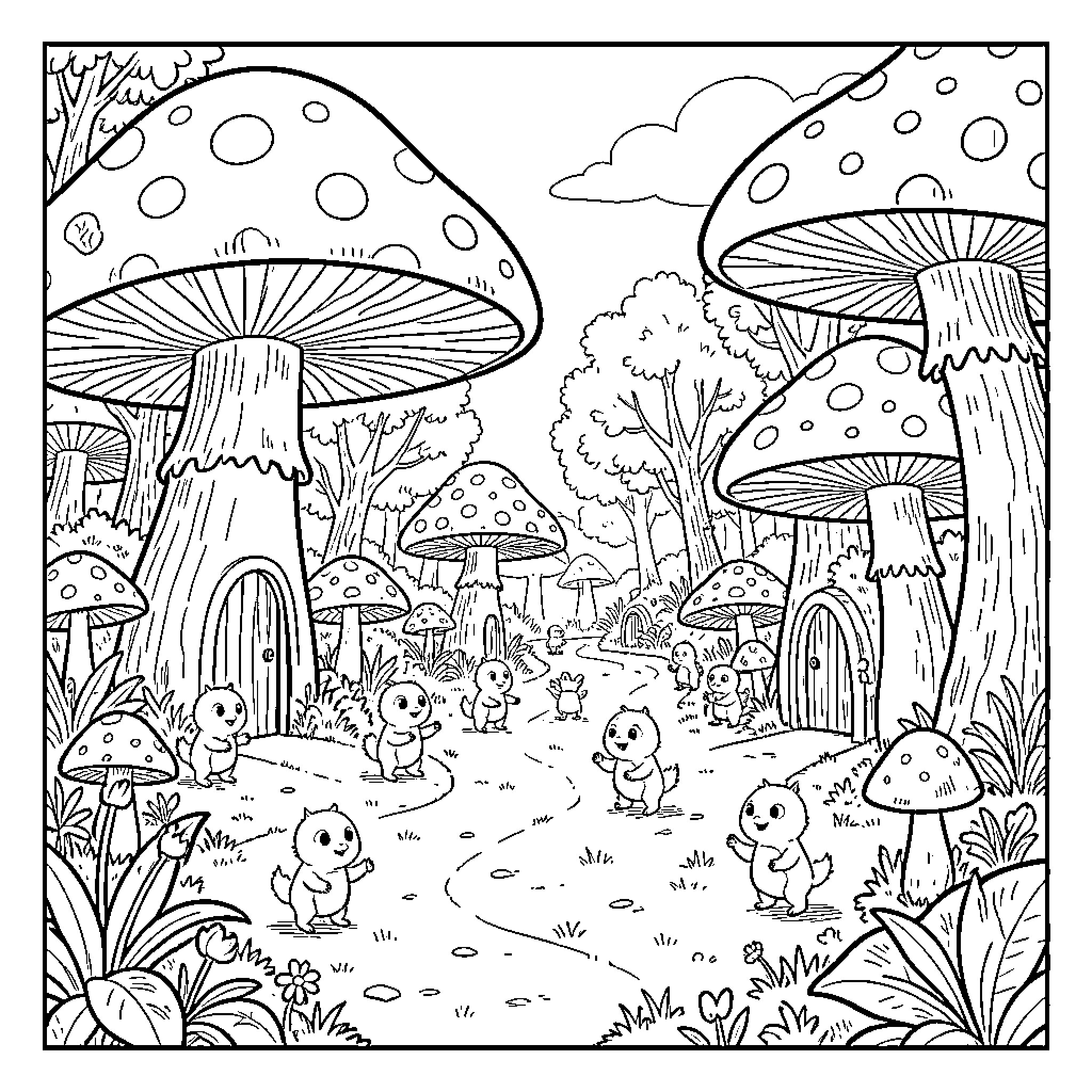 Smurfs walking along a path through a mushroom forest Coloring Page (free black-and-white line drawing printable PDF for all, from beginners to advanced learners, including children, teens, adults, and seniors)