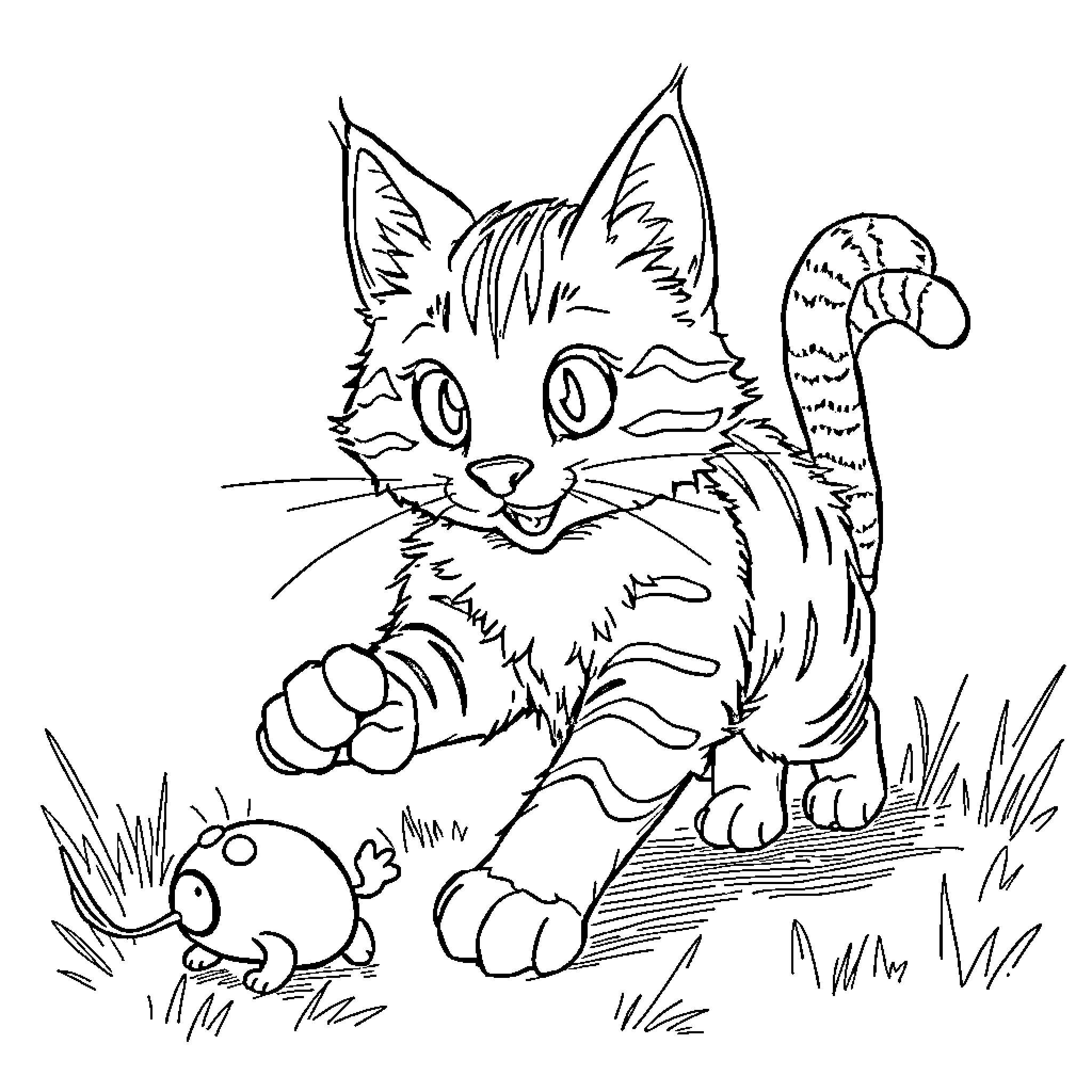 Gato playing with toy mouse in grassy field Coloring Page (free black-and-white line drawing printable PDF for all, from beginners to advanced learners, including children, teens, adults, and seniors)