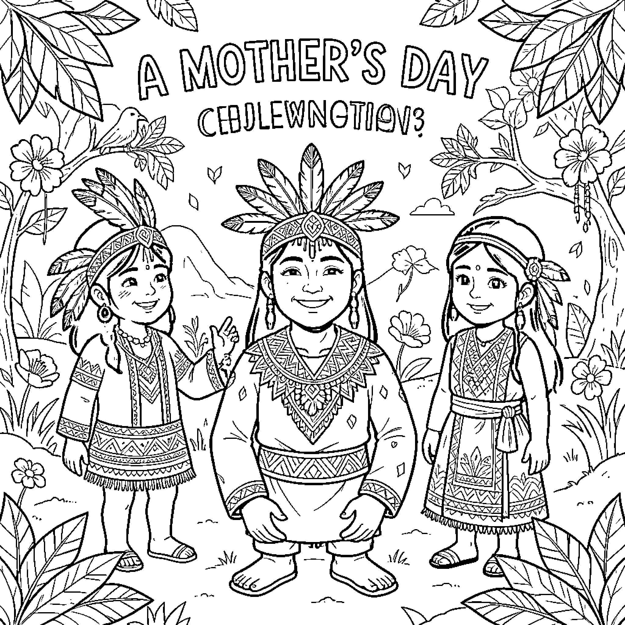 Mother celebrating with children in traditional attire Coloring Page (free black-and-white line drawing printable PDF for all, from beginners to advanced learners, including children, teens, adults, and seniors)