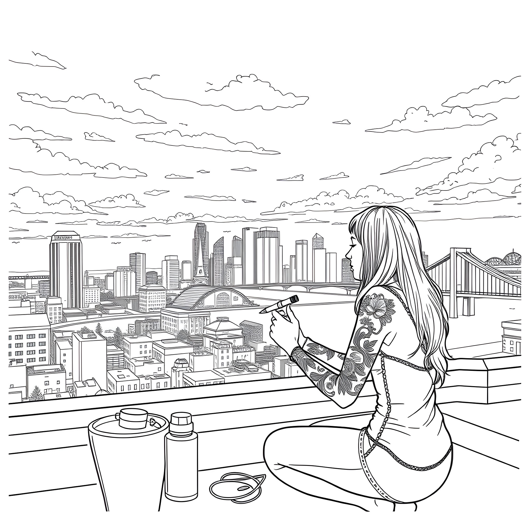 Tattoo Artist Capturing the City Skyline Coloring Page (free black-and-white line drawing printable PDF for all, from beginners to advanced learners, including children, teens, adults, and seniors)