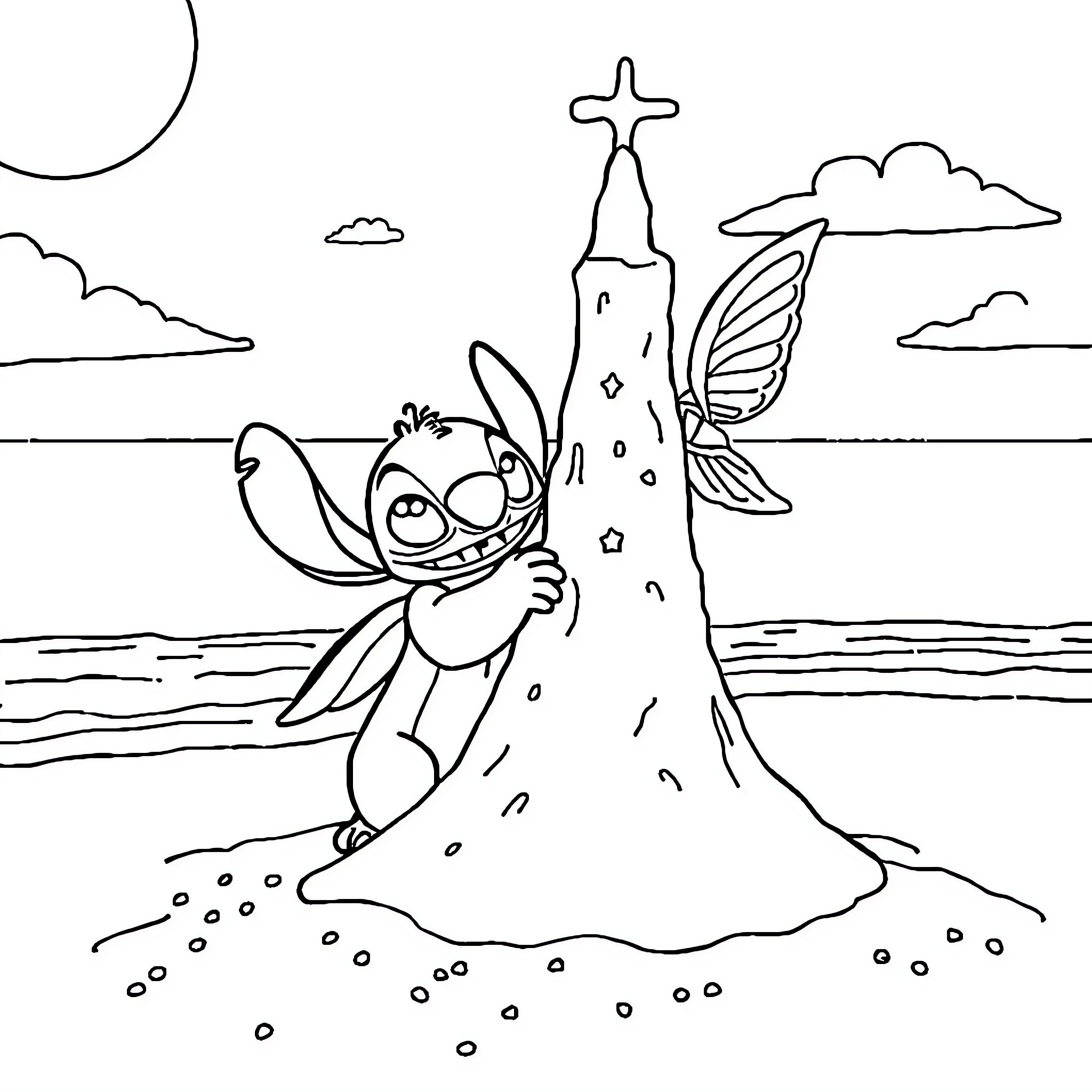 Stitch explores the whimsical beach landscape Coloring Page (free black-and-white line drawing printable PDF for all, from beginners to advanced learners, including children, teens, adults, and seniors)