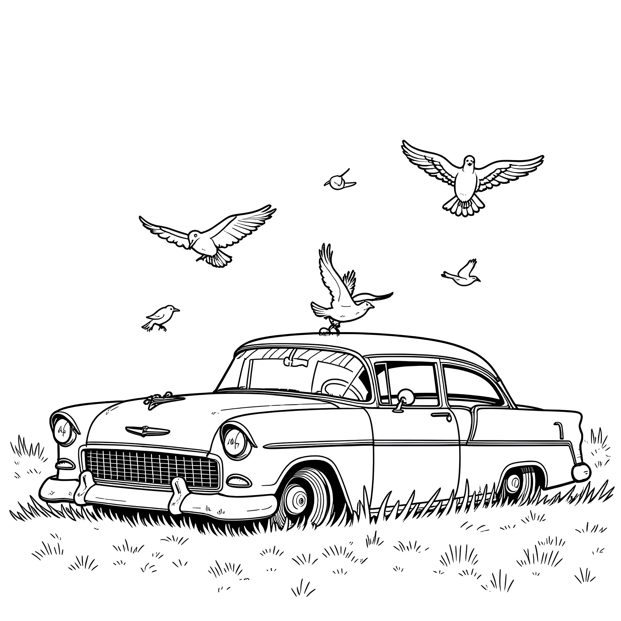 Car parked in grass with birds flying above Coloring Page (free black-and-white line drawing printable PDF for all, from beginners to advanced learners, including children, teens, adults, and seniors)