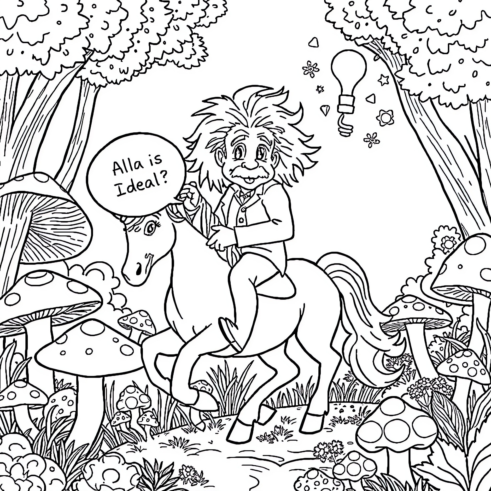 Einstein's Whimsical Adventure in the Fantastical Forest Coloring Page (free black-and-white line drawing printable PDF for all, from beginners to advanced learners, including children, teens, adults, and seniors)