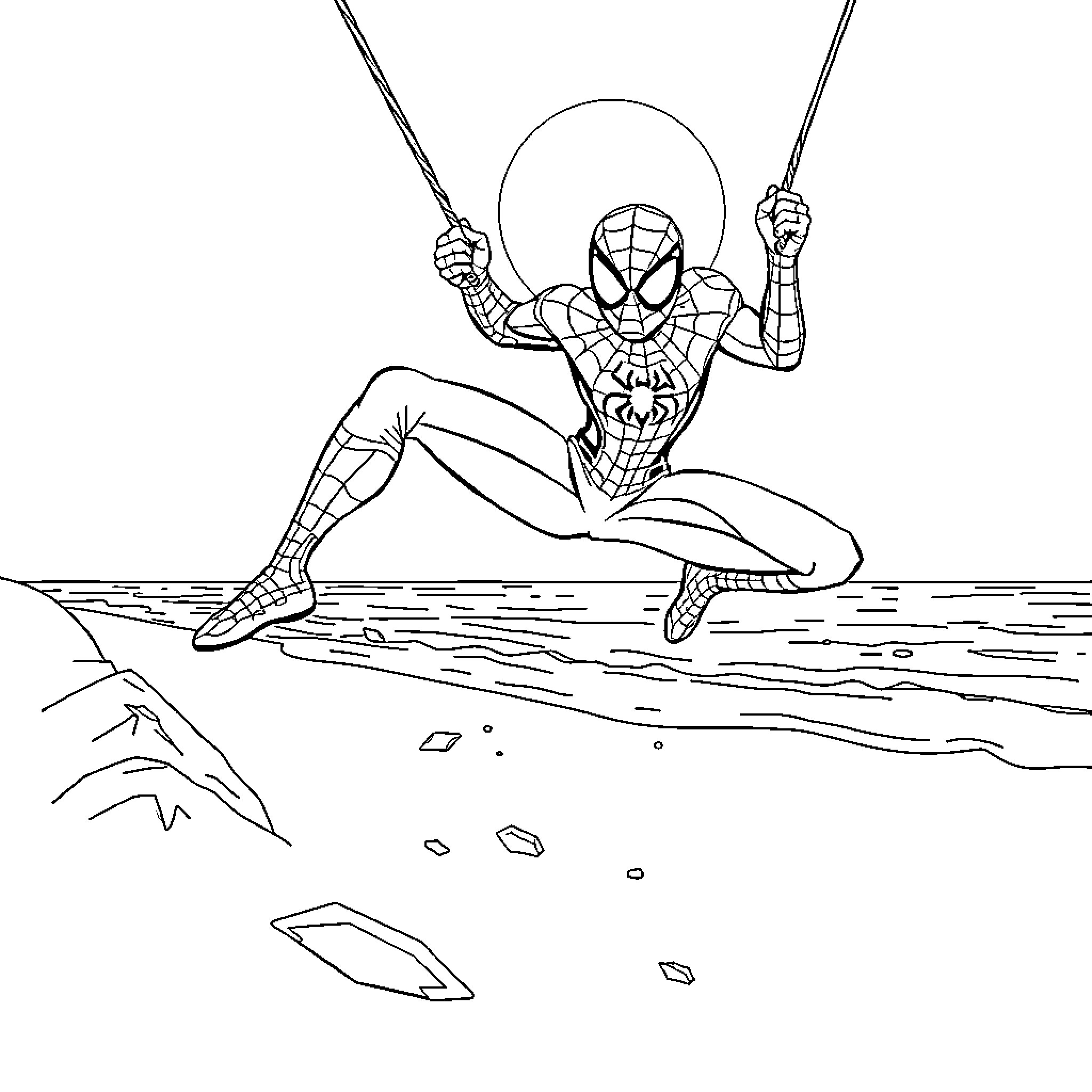 Spiderman swinging into action over rocky terrain Coloring Page (free black-and-white line drawing printable PDF for all, from beginners to advanced learners, including children, teens, adults, and seniors)