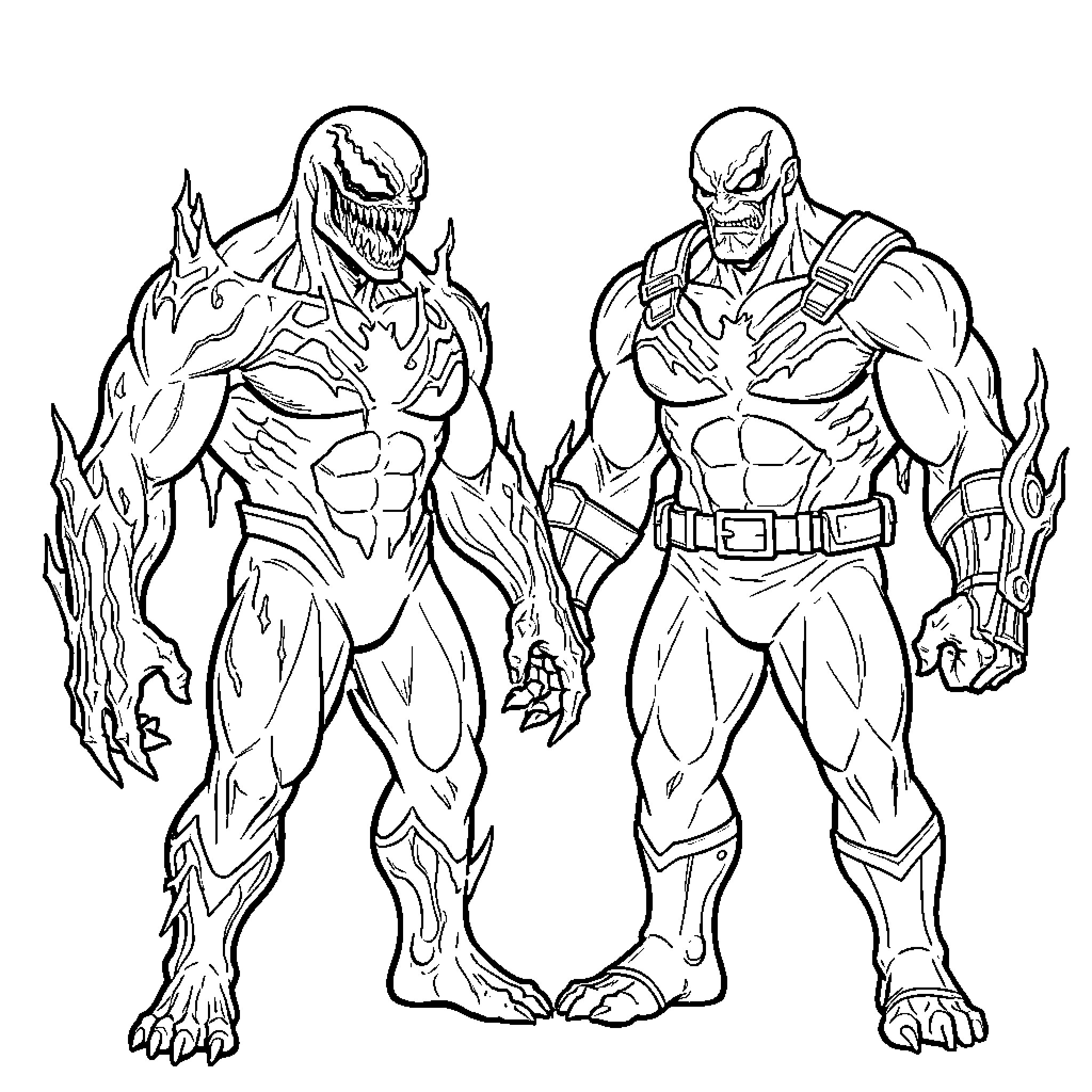 Venom - Menacing Superhuman Figures in Action Poses Coloring Page (free black-and-white line drawing printable PDF for all, from beginners to advanced learners, including children, teens, adults, and seniors)