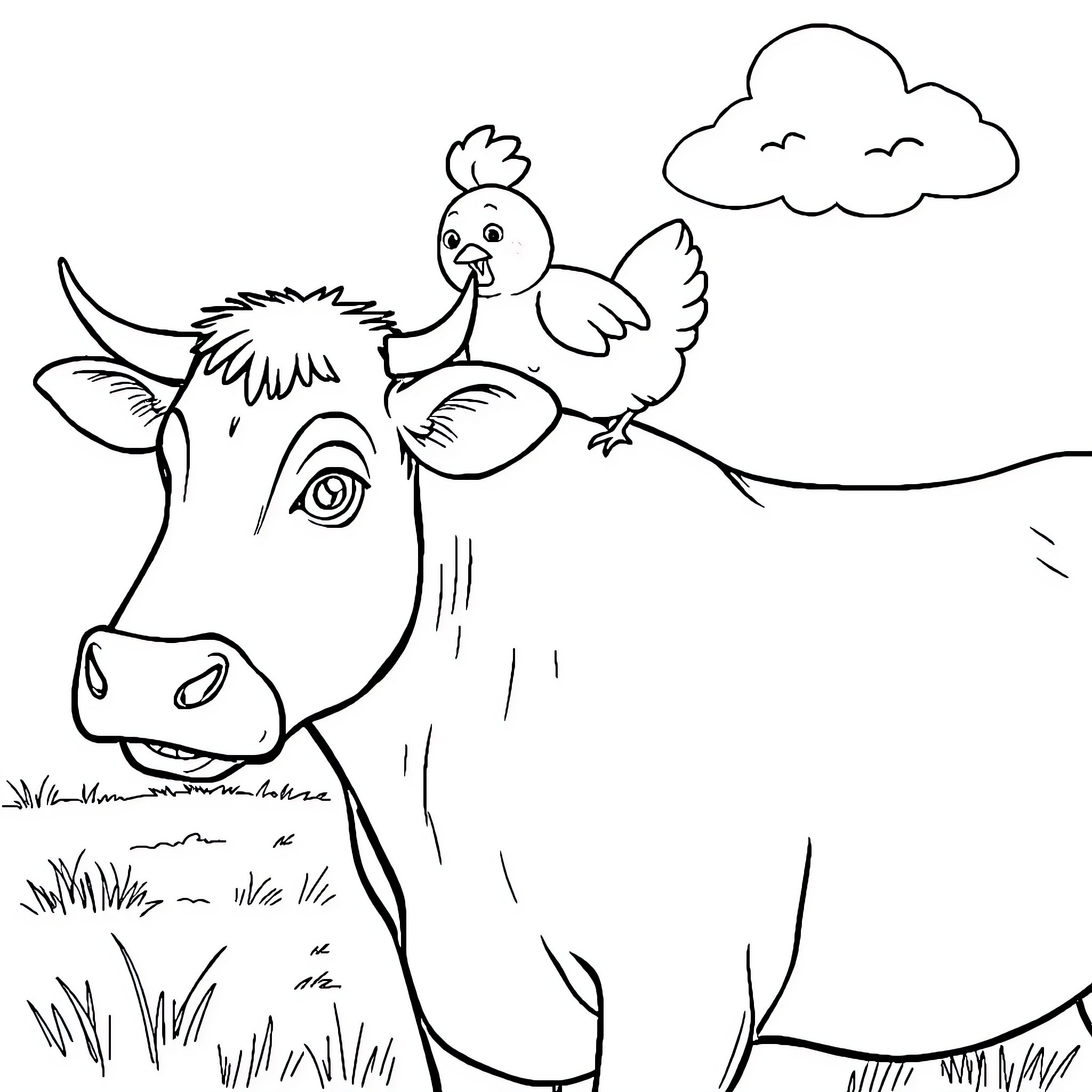 Chicken riding happily on a cow in the field Coloring Page (free black-and-white line drawing printable PDF for all, from beginners to advanced learners, including children, teens, adults, and seniors)