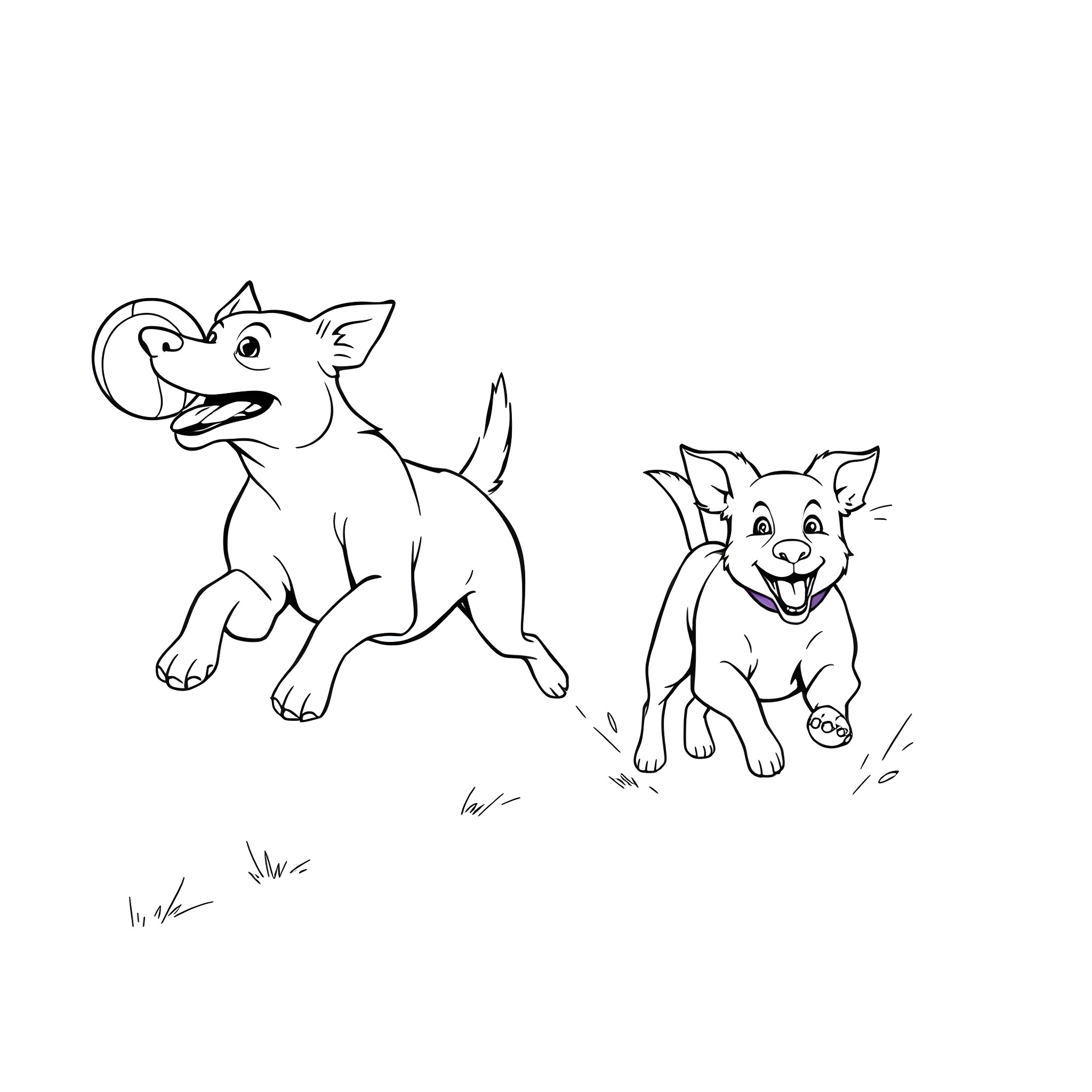 Dog friends playing joyfully in the field Coloring Page (free black-and-white line drawing printable PDF for all, from beginners to advanced learners, including children, teens, adults, and seniors)