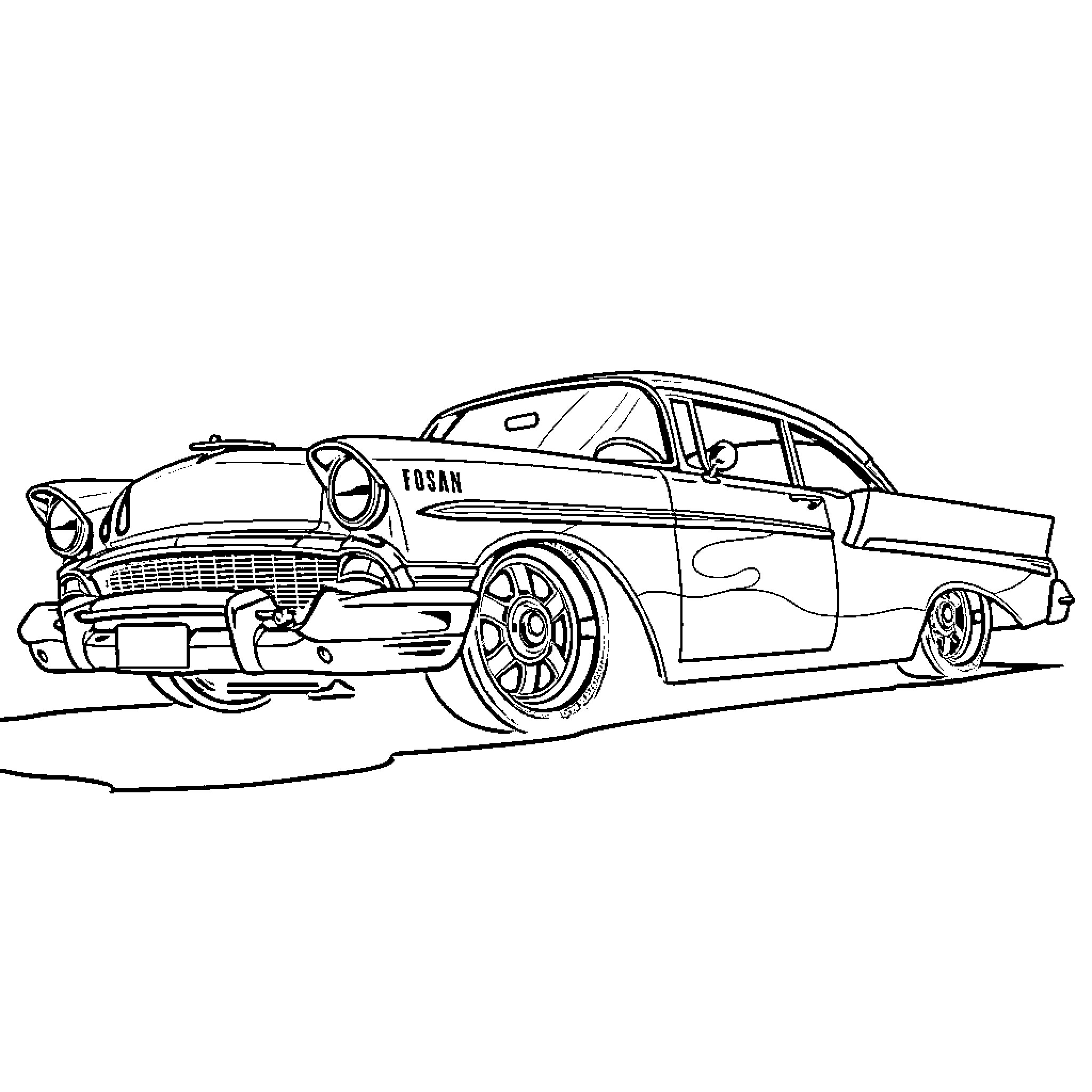 Lowrider classic car with customized features Coloring Page (free black-and-white line drawing printable PDF for all, from beginners to advanced learners, including children, teens, adults, and seniors)