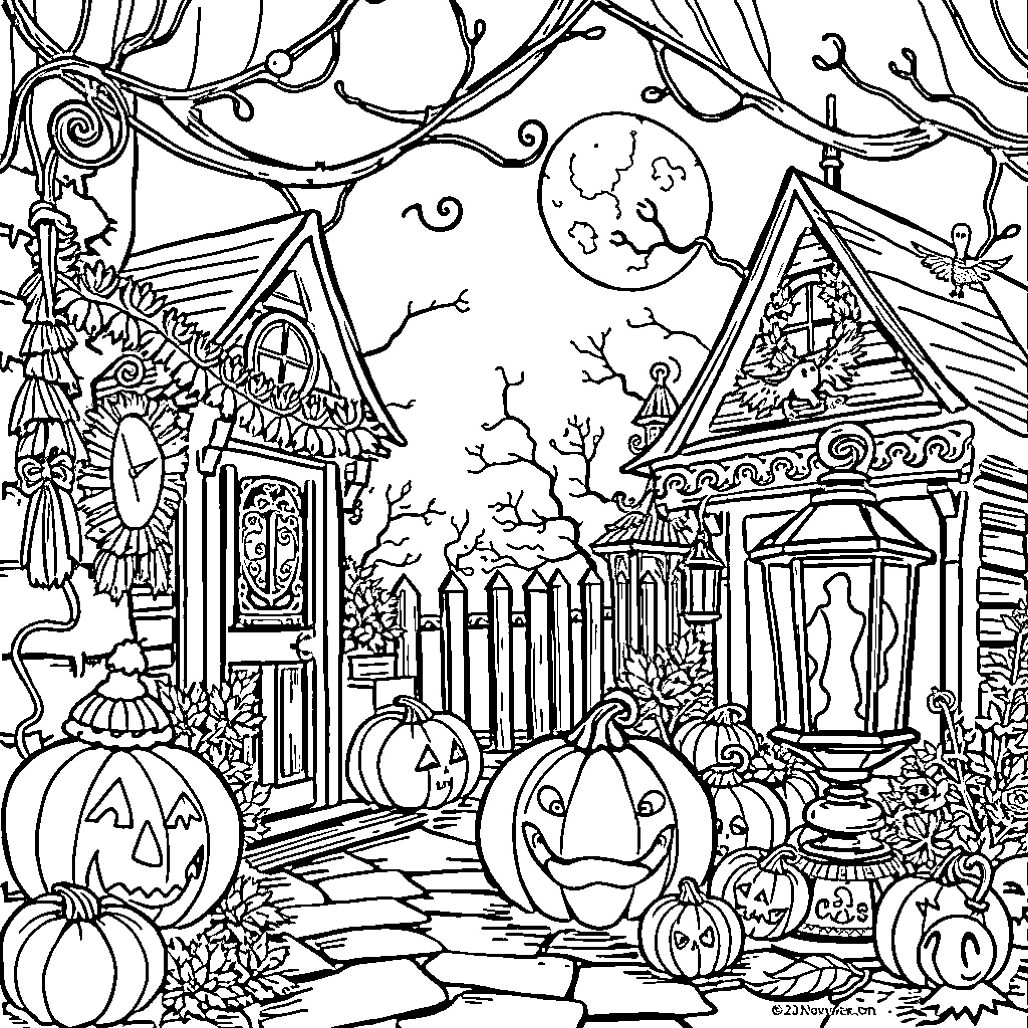 Halloween Night Scene with Spooky Decorations Coloring Page (free black-and-white line drawing printable PDF for all, from beginners to advanced learners, including children, teens, adults, and seniors)