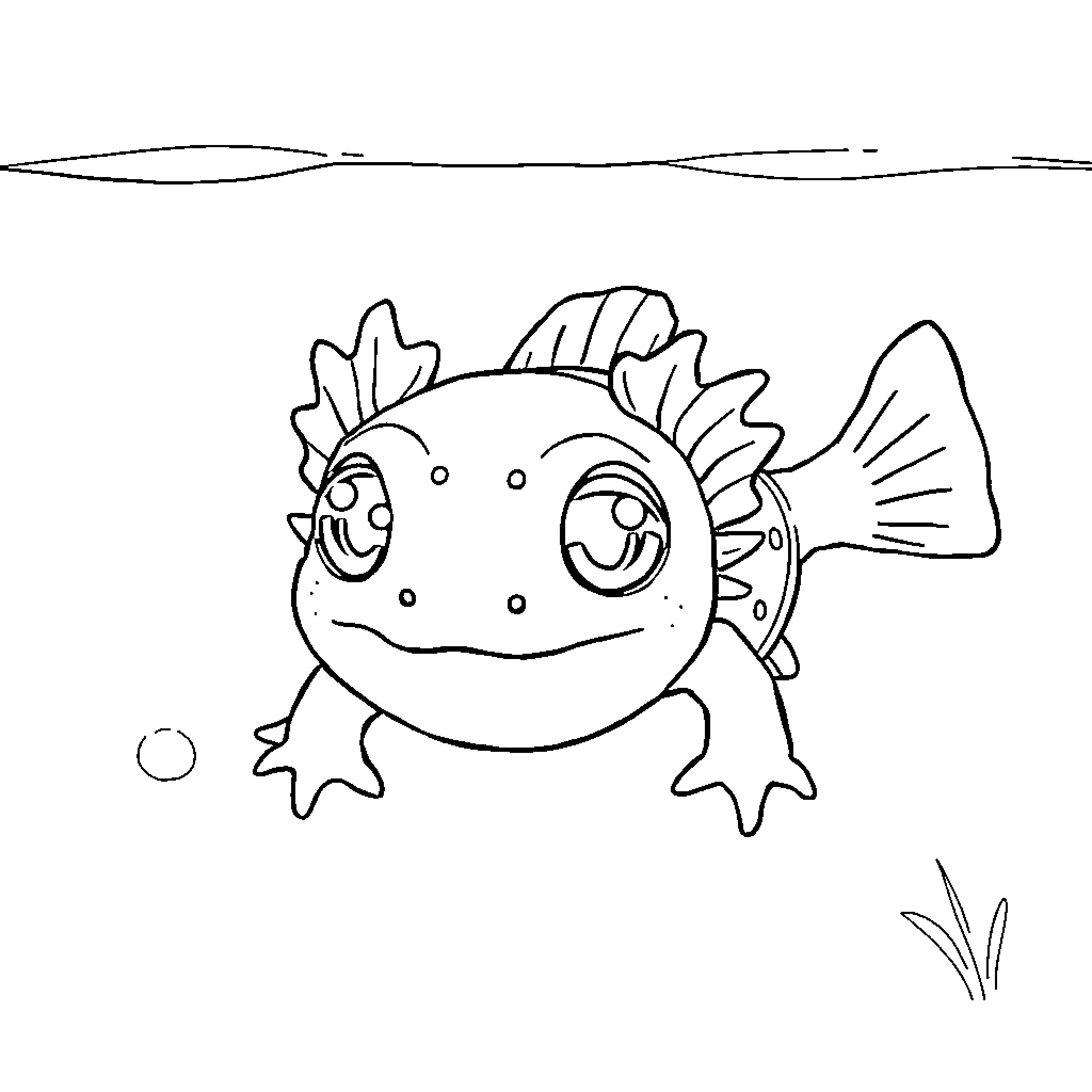 Axolotl swimming in the water Coloring Page (free black-and-white line drawing printable PDF for all, from beginners to advanced learners, including children, teens, adults, and seniors)