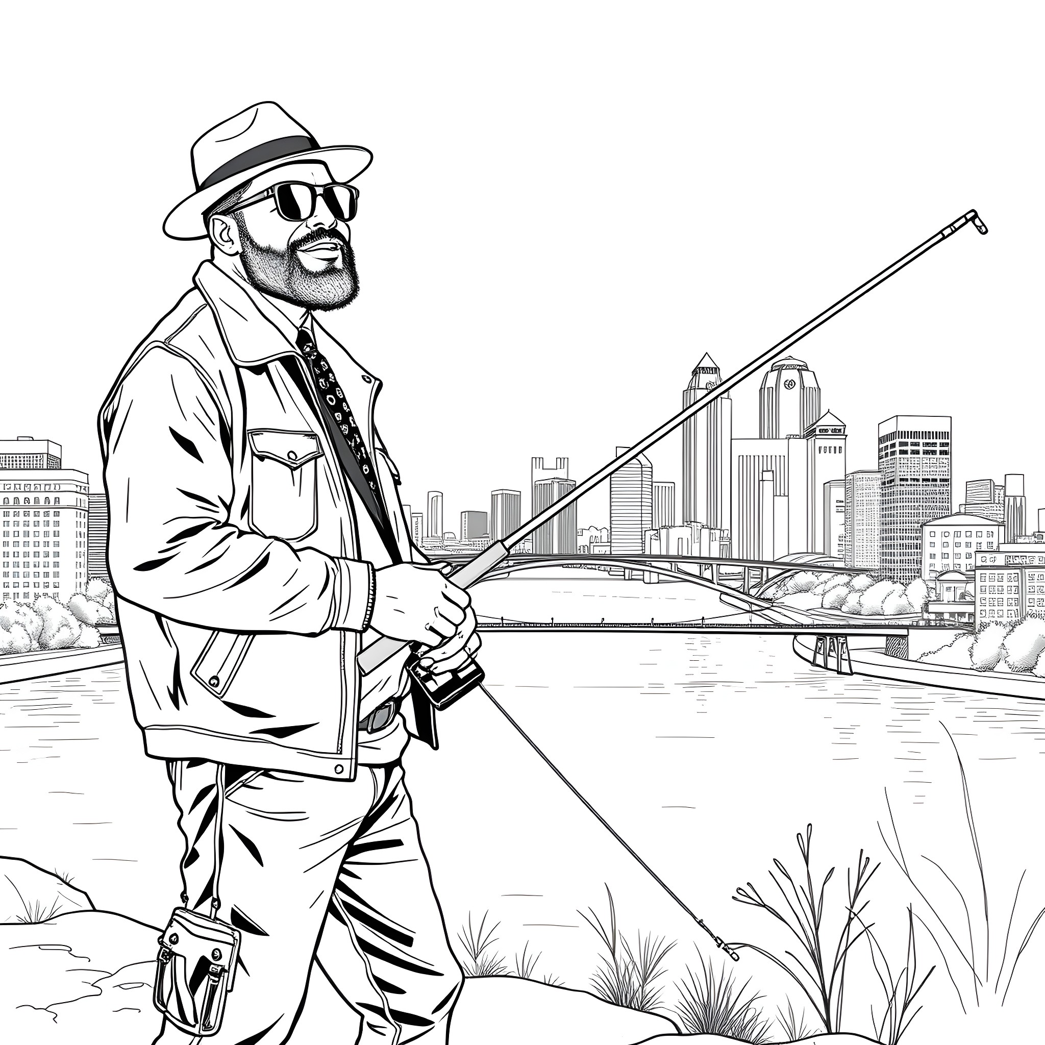 Westside Gunn Fishing by the Skyline Coloring Page (free black-and-white line drawing printable PDF for all, from beginners to advanced learners, including children, teens, adults, and seniors)