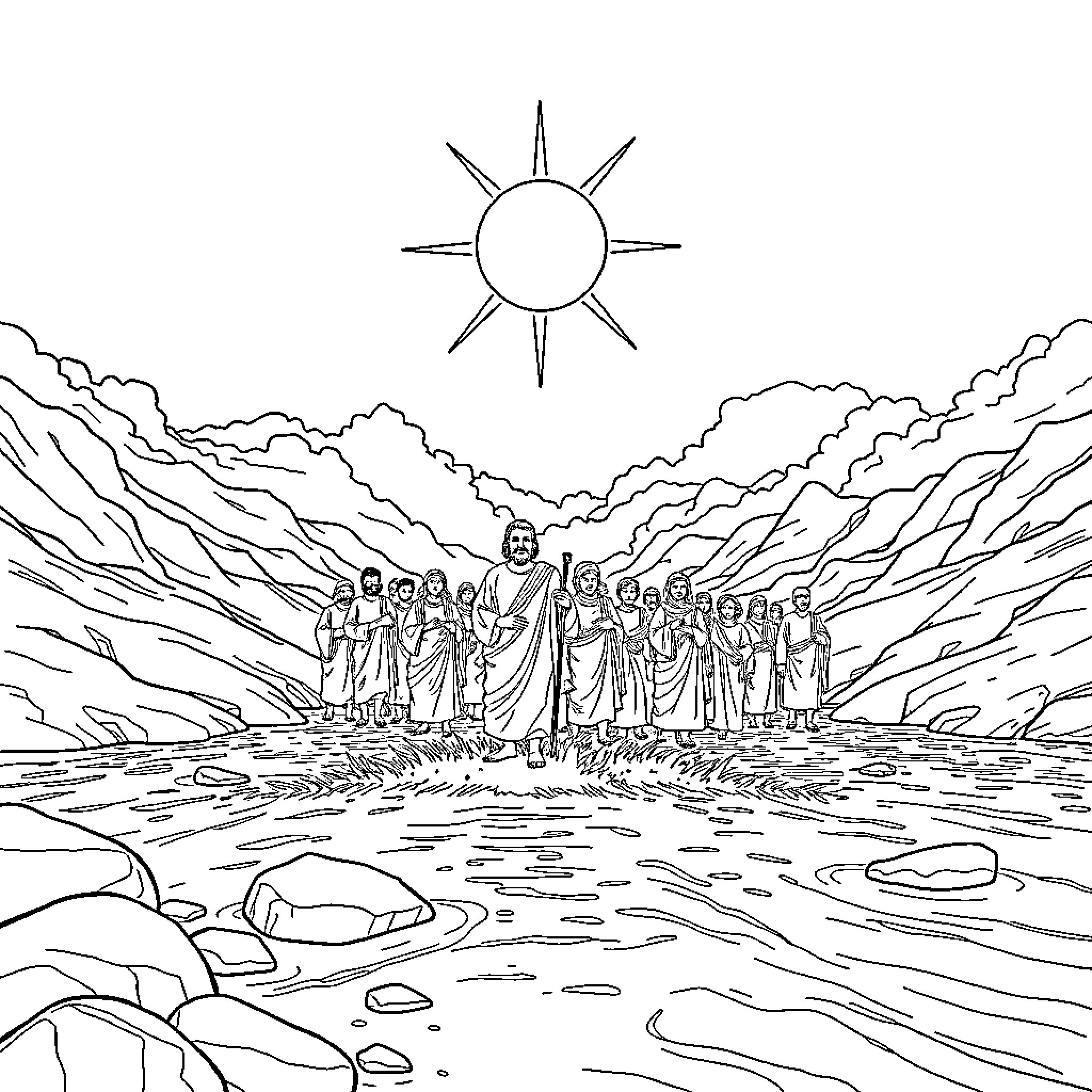 Joshua and his followers stand in a serene landscape Coloring Page (free black-and-white line drawing printable PDF for all, from beginners to advanced learners, including children, teens, adults, and seniors)
