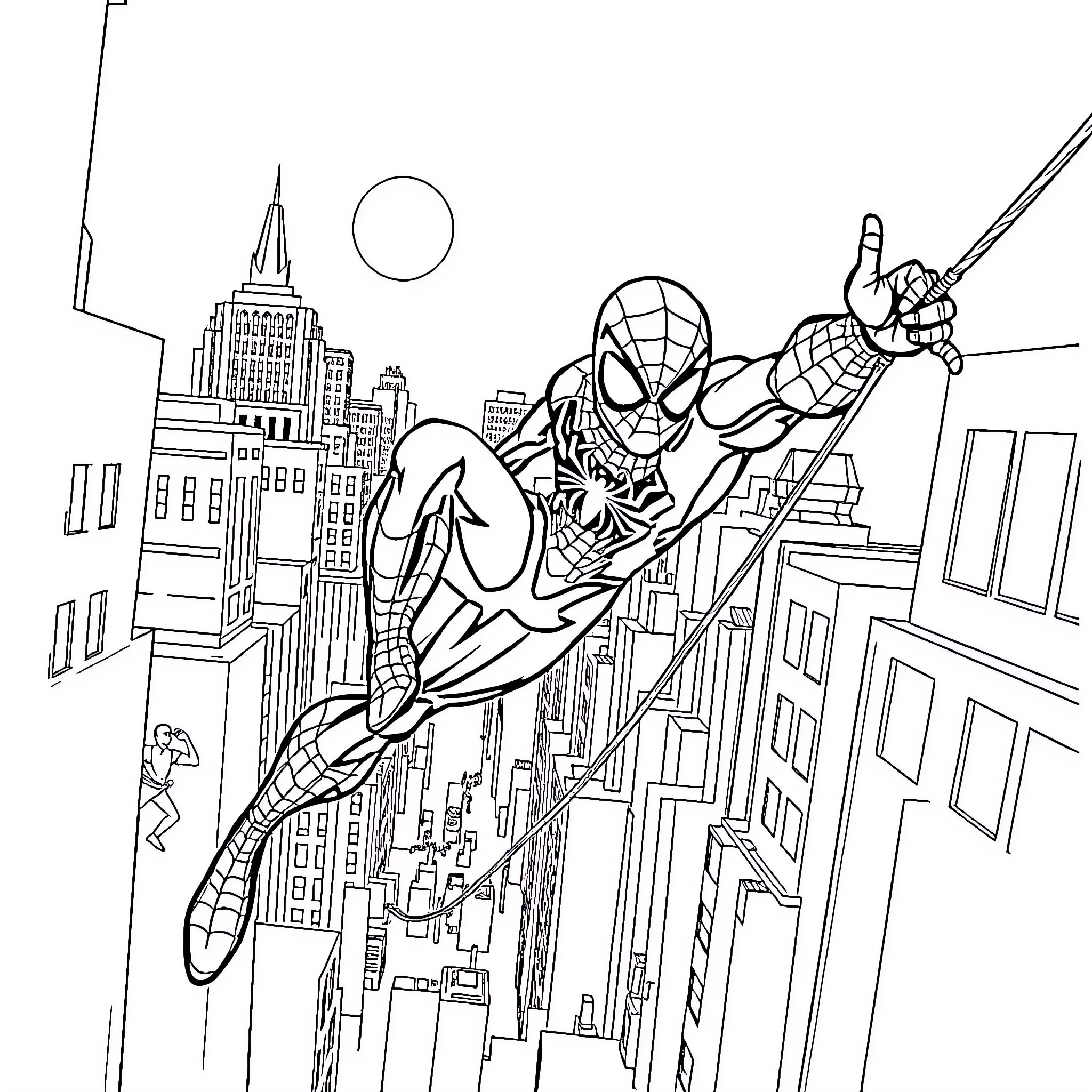 Spiderman swinging through the city skyline Coloring Page (free black-and-white line drawing printable PDF for all, from beginners to advanced learners, including children, teens, adults, and seniors)