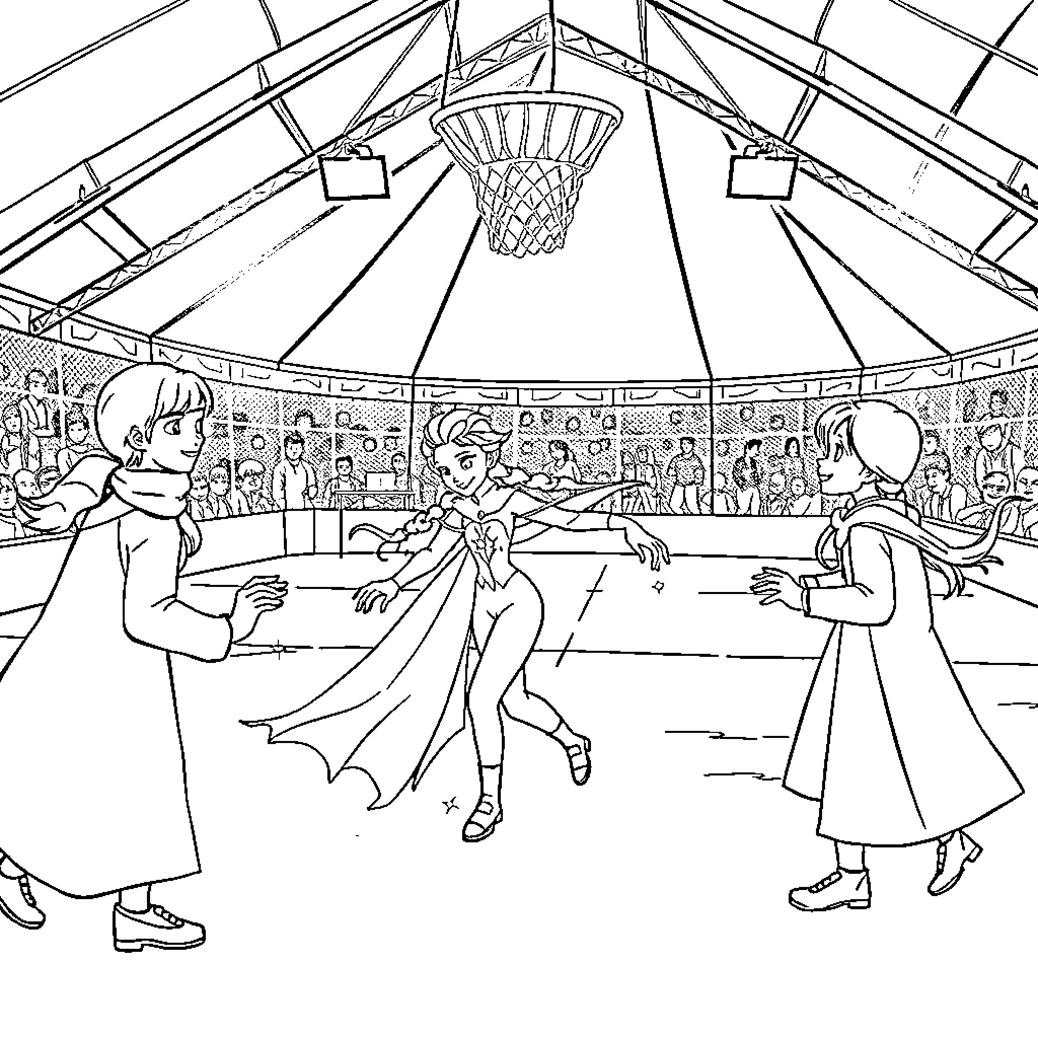 Frozen Celebration in the Basketball Arena Coloring Page (free black-and-white line drawing printable PDF for all, from beginners to advanced learners, including children, teens, adults, and seniors)