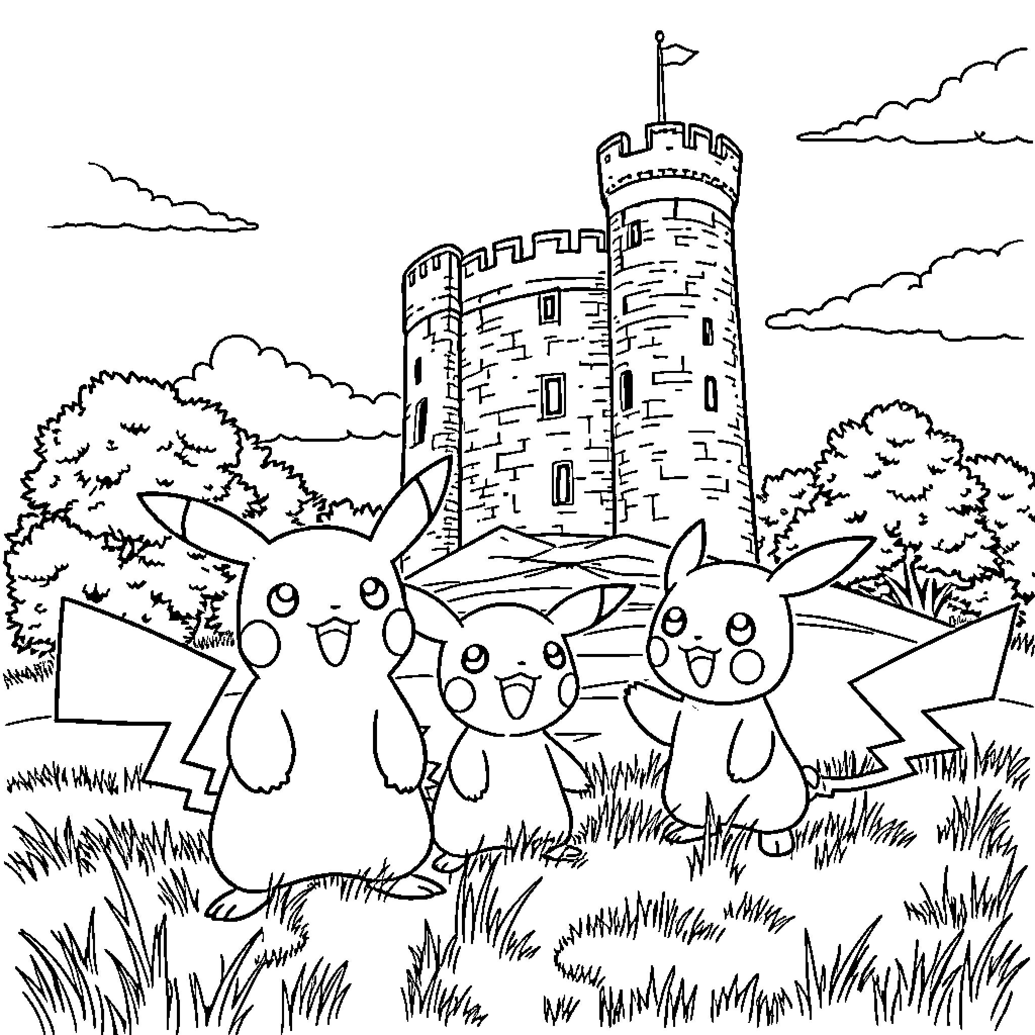 Pokémon playing joyfully in a castle-filled landscape Coloring Page (free black-and-white line drawing printable PDF for all, from beginners to advanced learners, including children, teens, adults, and seniors)