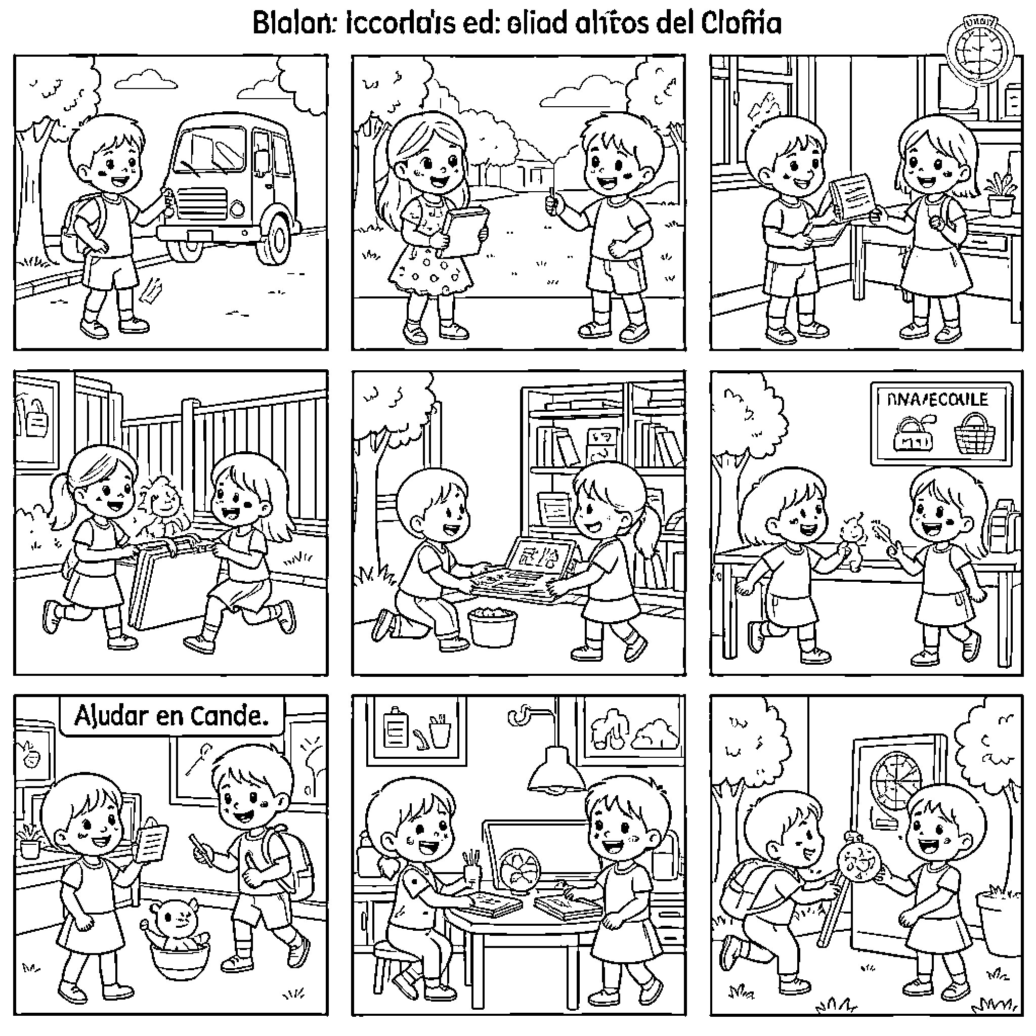 Child performing various helpful daily activities and interactions Coloring Page (free black-and-white line drawing printable PDF for all, from beginners to advanced learners, including children, teens, adults, and seniors)