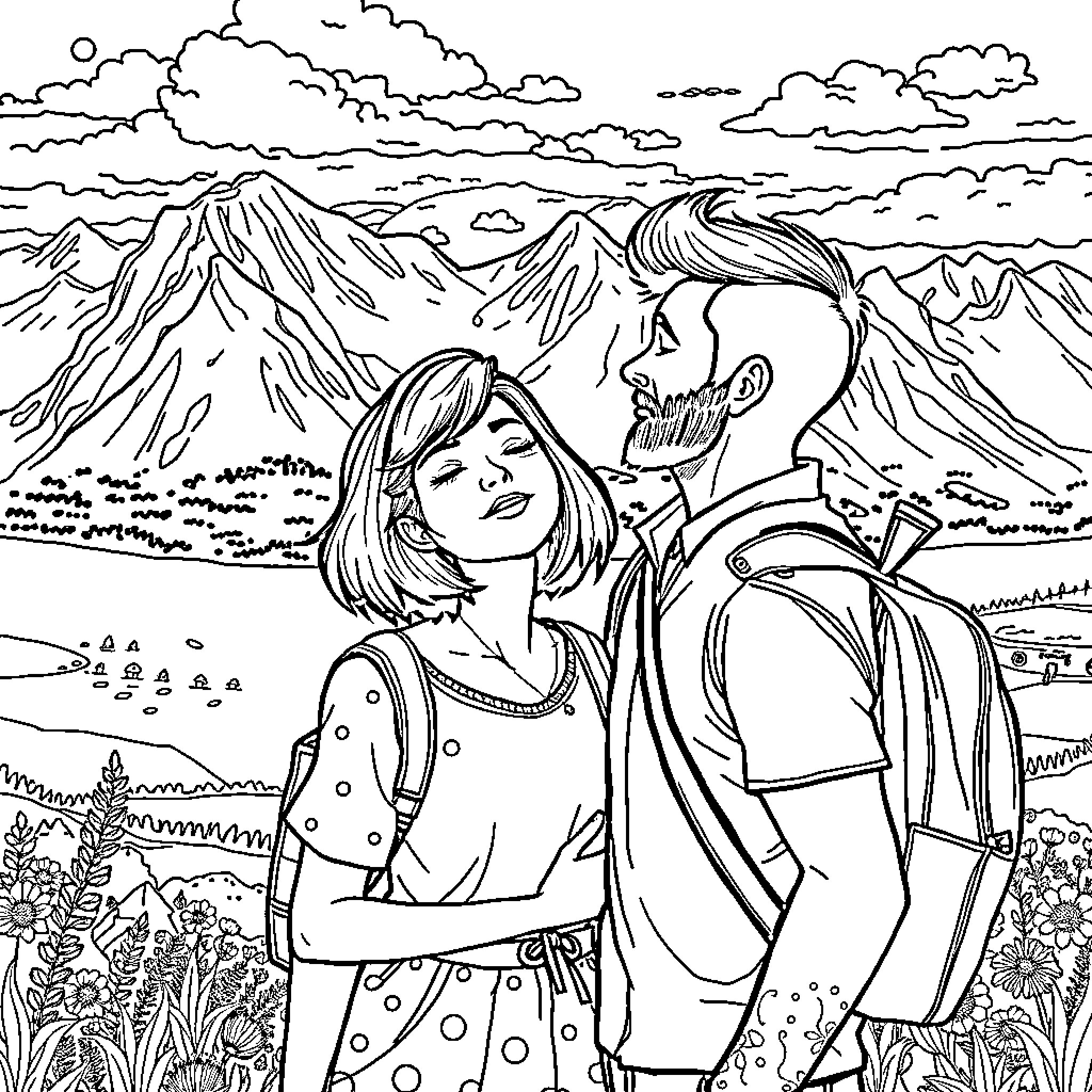 Pareja disfrutando de la belleza natural Coloring Page (free black-and-white line drawing printable PDF for all, from beginners to advanced learners, including children, teens, adults, and seniors)