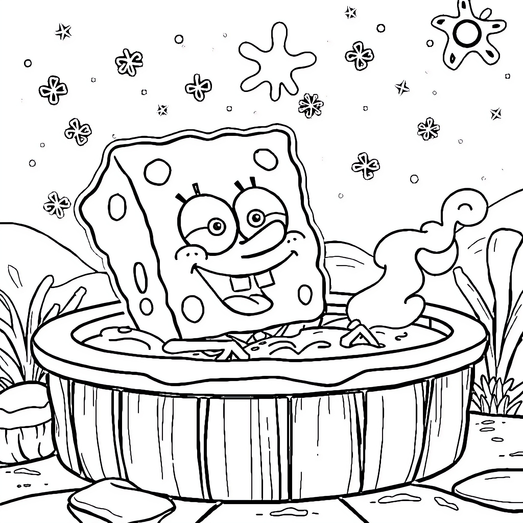 Spongebob cheerfully playing in his underwater home Coloring Page (free black-and-white line drawing printable PDF for all, from beginners to advanced learners, including children, teens, adults, and seniors)