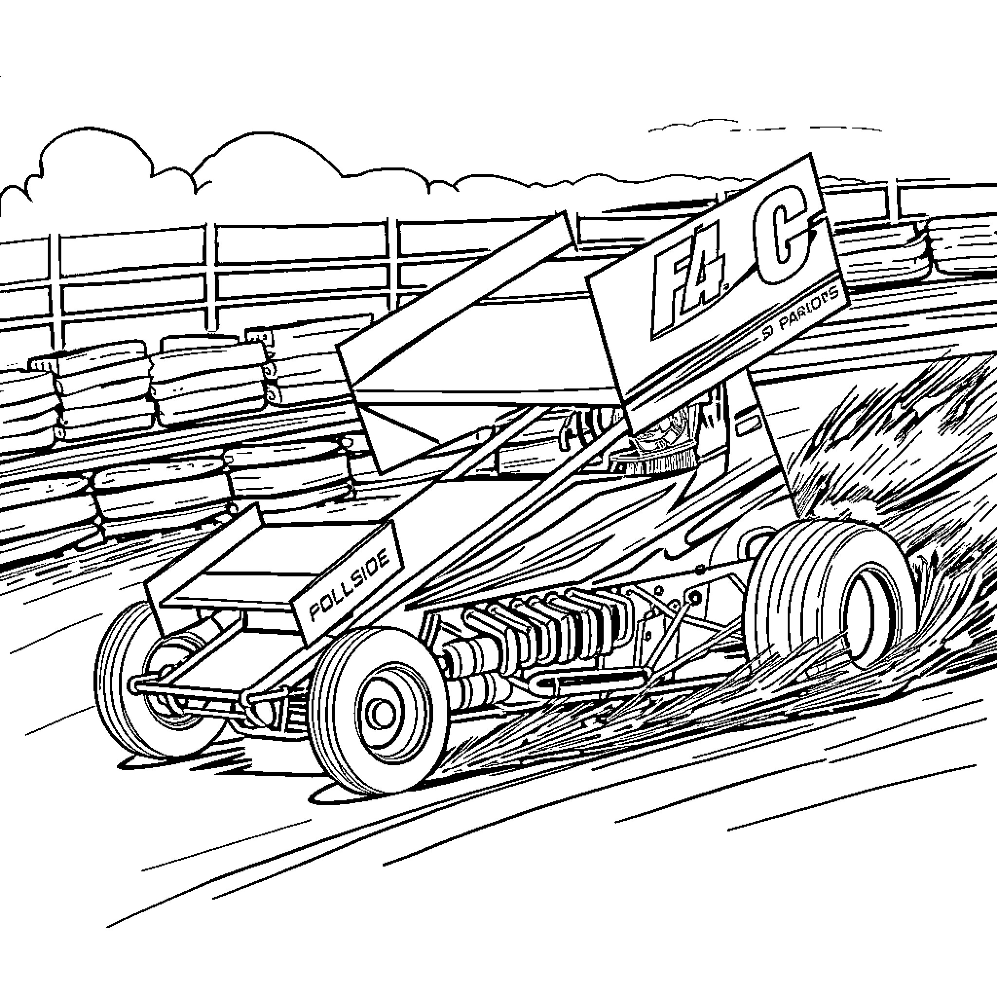 Sprintcar racing down the track with speed and power Coloring Page (free black-and-white line drawing printable PDF for all, from beginners to advanced learners, including children, teens, adults, and seniors)