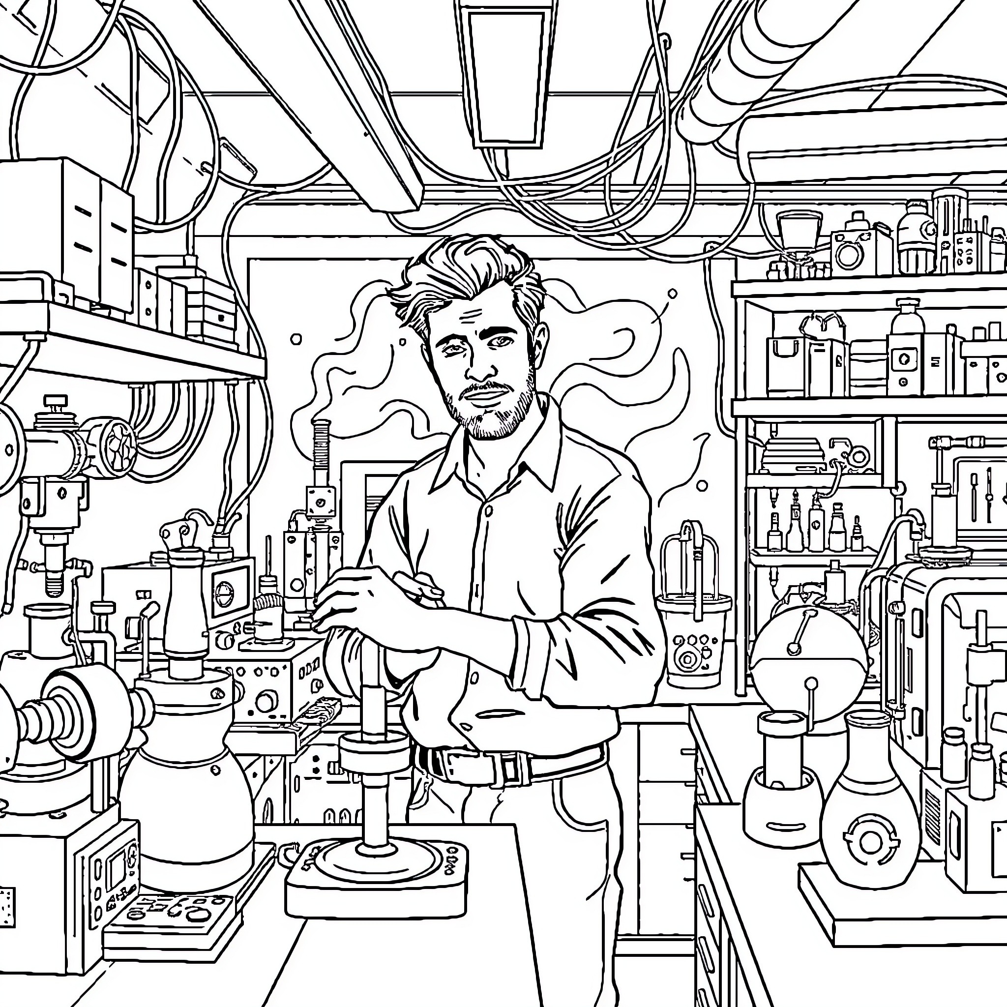 Man working in a cluttered scientific laboratory Coloring Page (free black-and-white line drawing printable PDF for all, from beginners to advanced learners, including children, teens, adults, and seniors)
