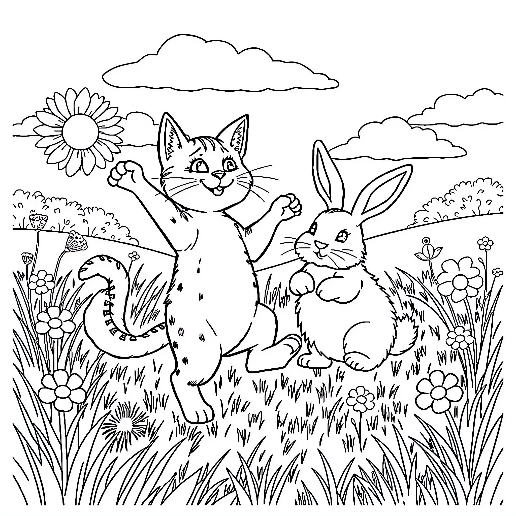 Gaby's Playful Nature in the Blooming Garden Coloring Page (free black-and-white line drawing printable PDF for all, from beginners to advanced learners, including children, teens, adults, and seniors)