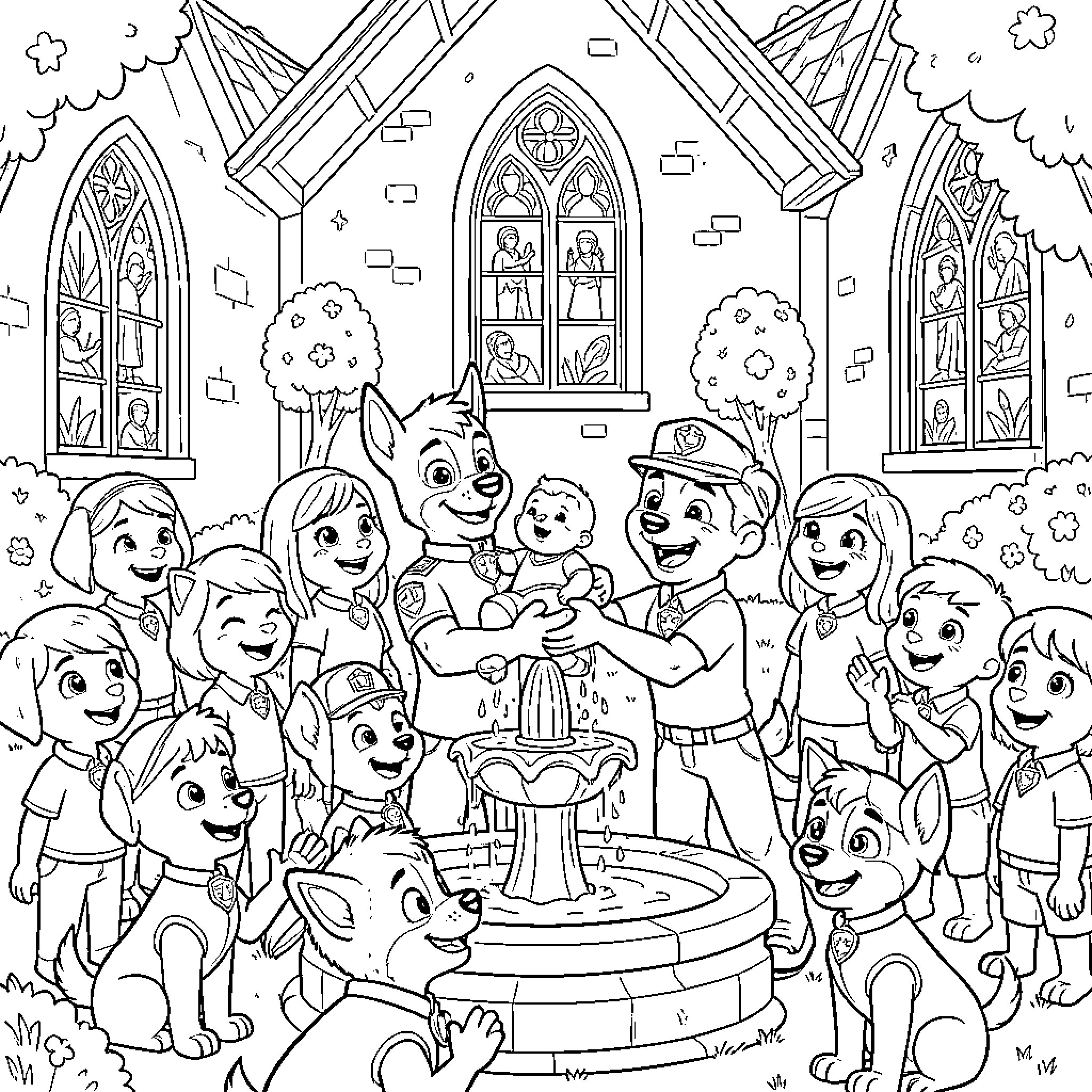 Paw Patrol characters celebrating together by a fountain Coloring Page (free black-and-white line drawing printable PDF for all, from beginners to advanced learners, including children, teens, adults, and seniors)