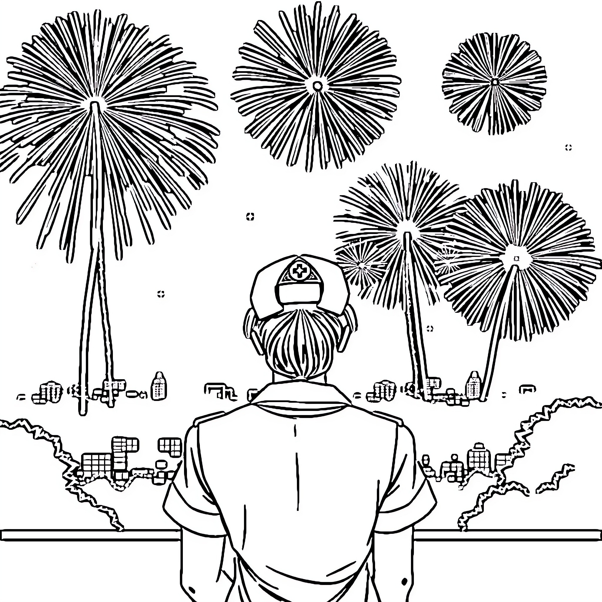 Nurse watching fireworks display over the city Coloring Page (free black-and-white line drawing printable PDF for all, from beginners to advanced learners, including children, teens, adults, and seniors)