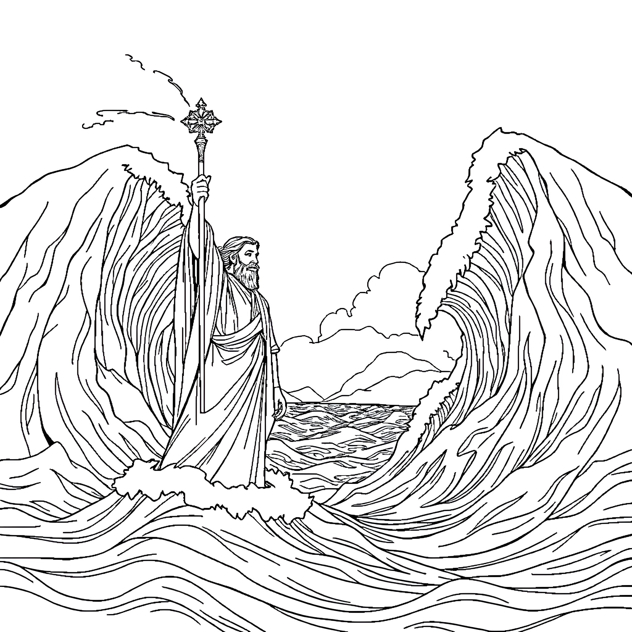Moses Parting the Red Sea with Dramatic Gestures Coloring Page (free black-and-white line drawing printable PDF for all, from beginners to advanced learners, including children, teens, adults, and seniors)