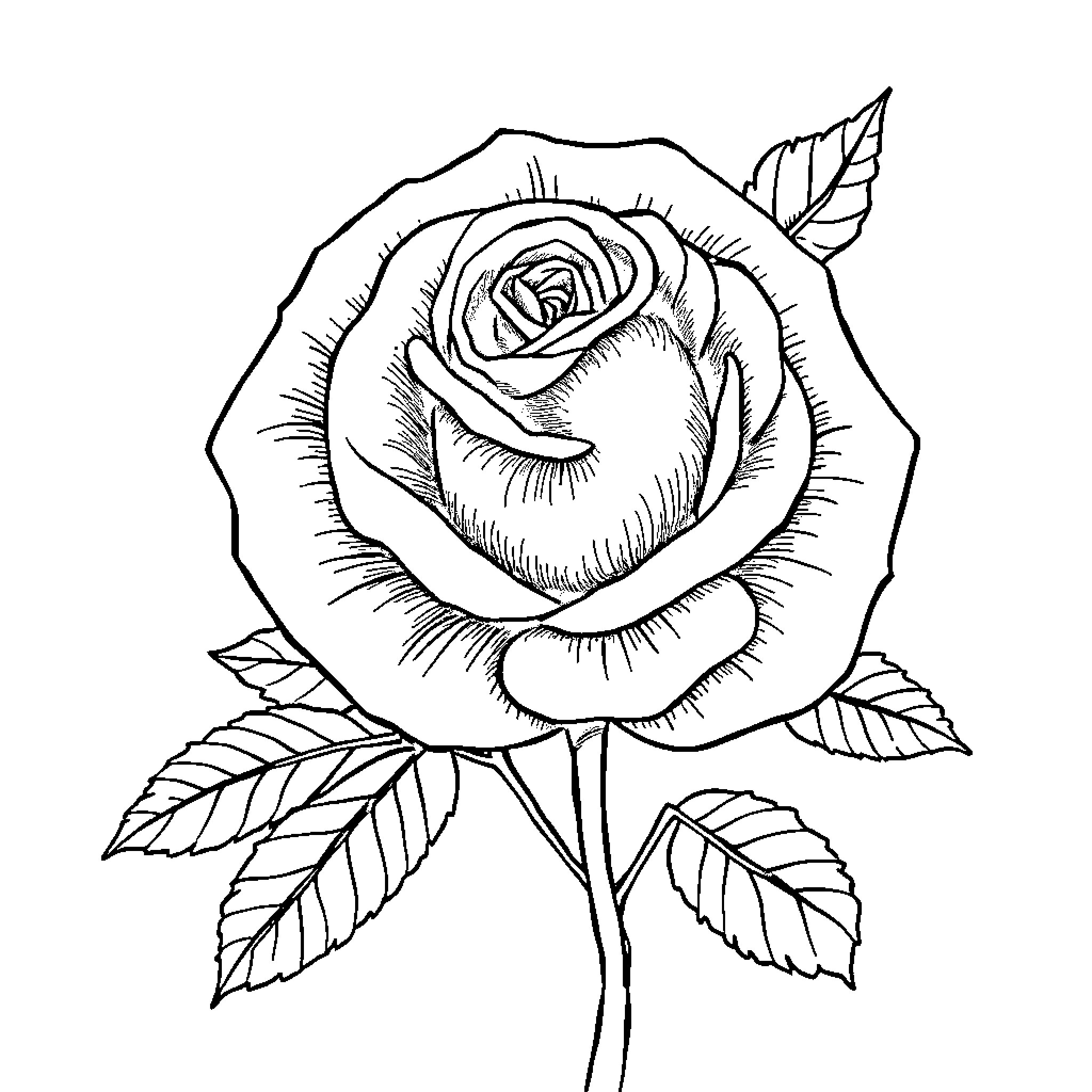 Rose in bloom with intricate petals Coloring Page (free black-and-white line drawing printable PDF for all, from beginners to advanced learners, including children, teens, adults, and seniors)