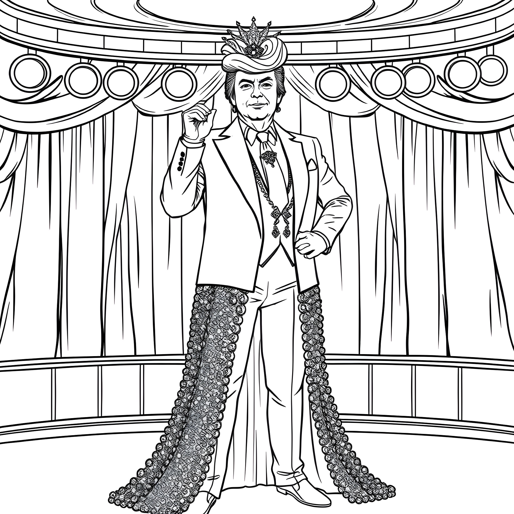 Donald Trump Performing on a Grand Stage Coloring Page (free black-and-white line drawing printable PDF for all, from beginners to advanced learners, including children, teens, adults, and seniors)