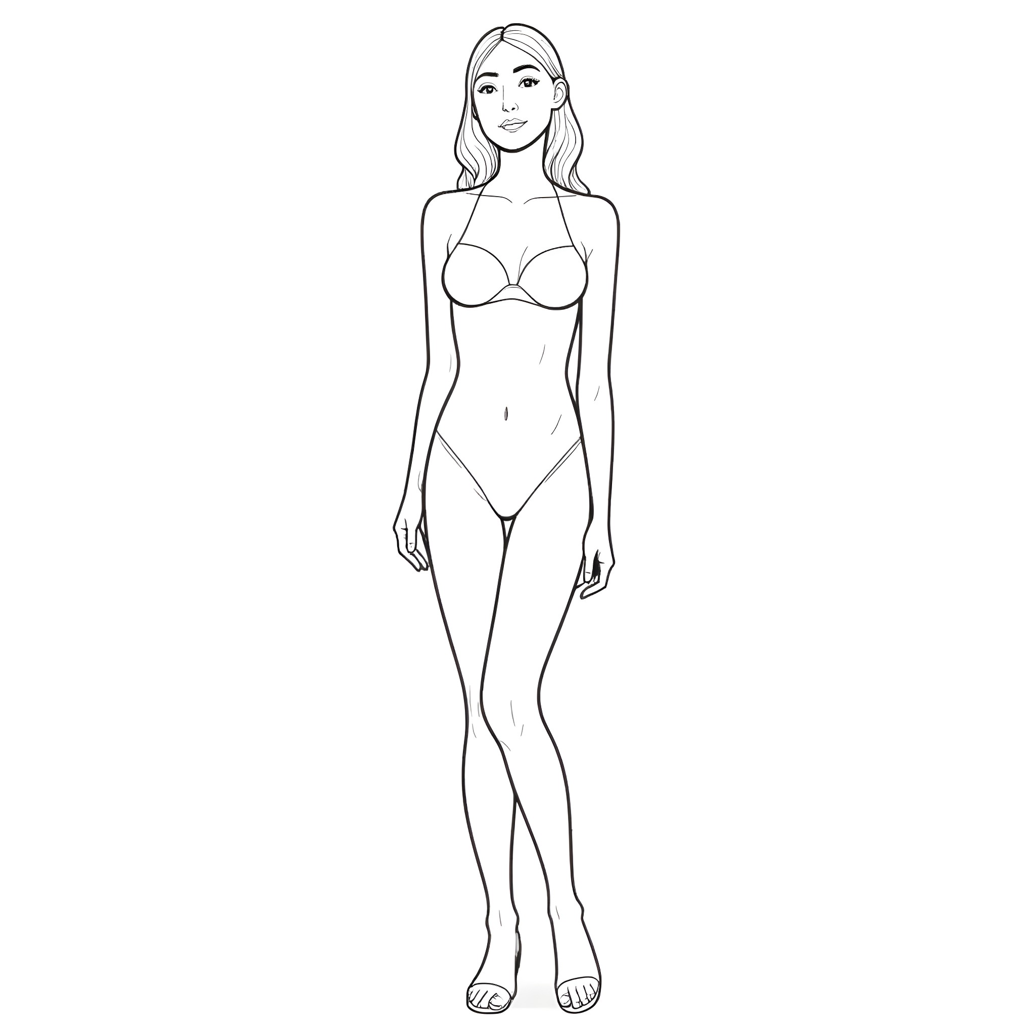 Girl in a swimsuit posing confidently Coloring Page (free black-and-white line drawing printable PDF for all, from beginners to advanced learners, including children, teens, adults, and seniors)
