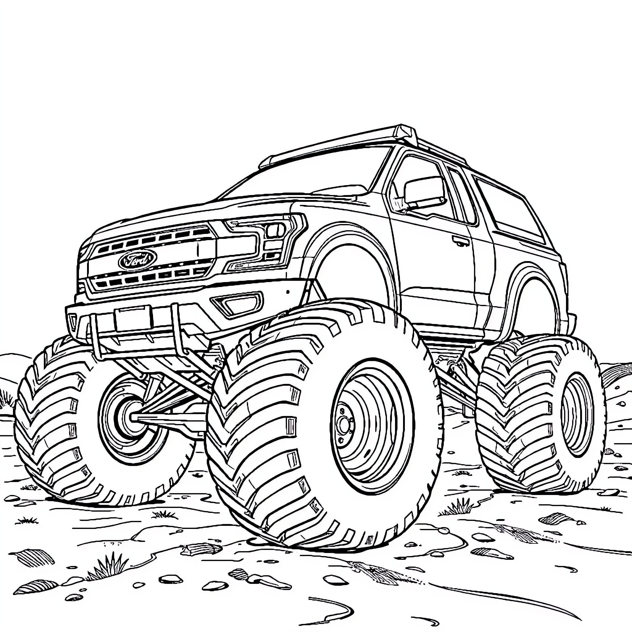 Monster Truck Crushing Rocks and Mud Coloring Page (free black-and-white line drawing printable PDF for all, from beginners to advanced learners, including children, teens, adults, and seniors)