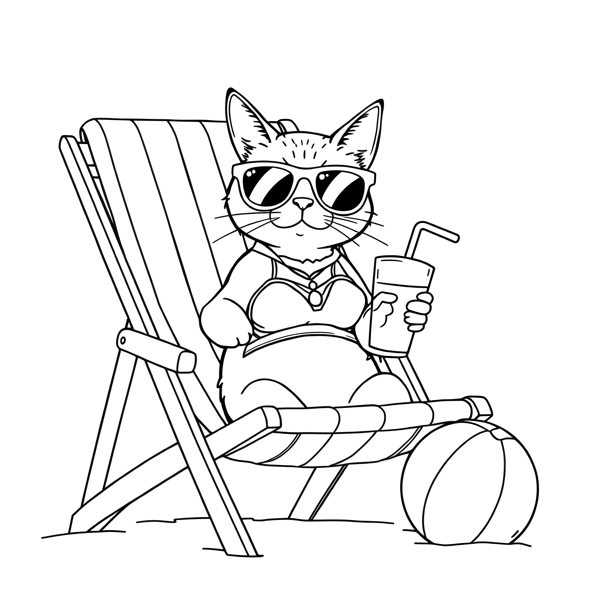 Cat relaxing on beach chair with sunglasses and drink Coloring Page (free black-and-white line drawing printable PDF for all, from beginners to advanced learners, including children, teens, adults, and seniors)