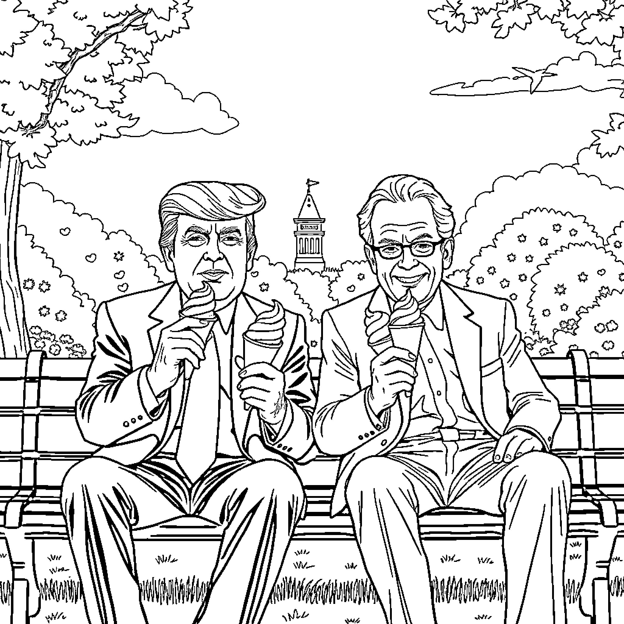 Donald Trump and a Companion Seated on a Park Bench Coloring Page (free black-and-white line drawing printable PDF for all, from beginners to advanced learners, including children, teens, adults, and seniors)