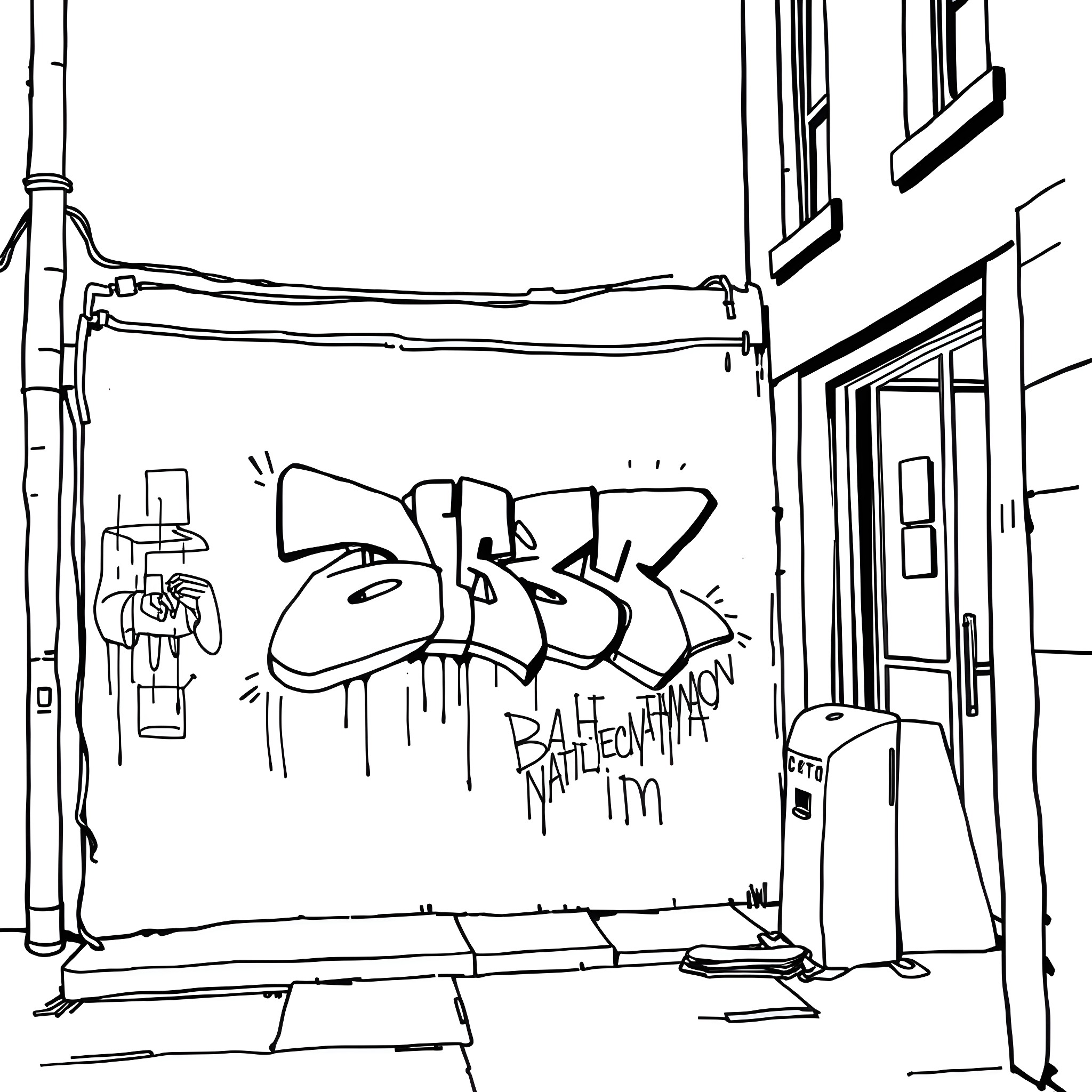 Banksy-style graffiti mural on urban wall Coloring Page (free black-and-white line drawing printable PDF for all, from beginners to advanced learners, including children, teens, adults, and seniors)