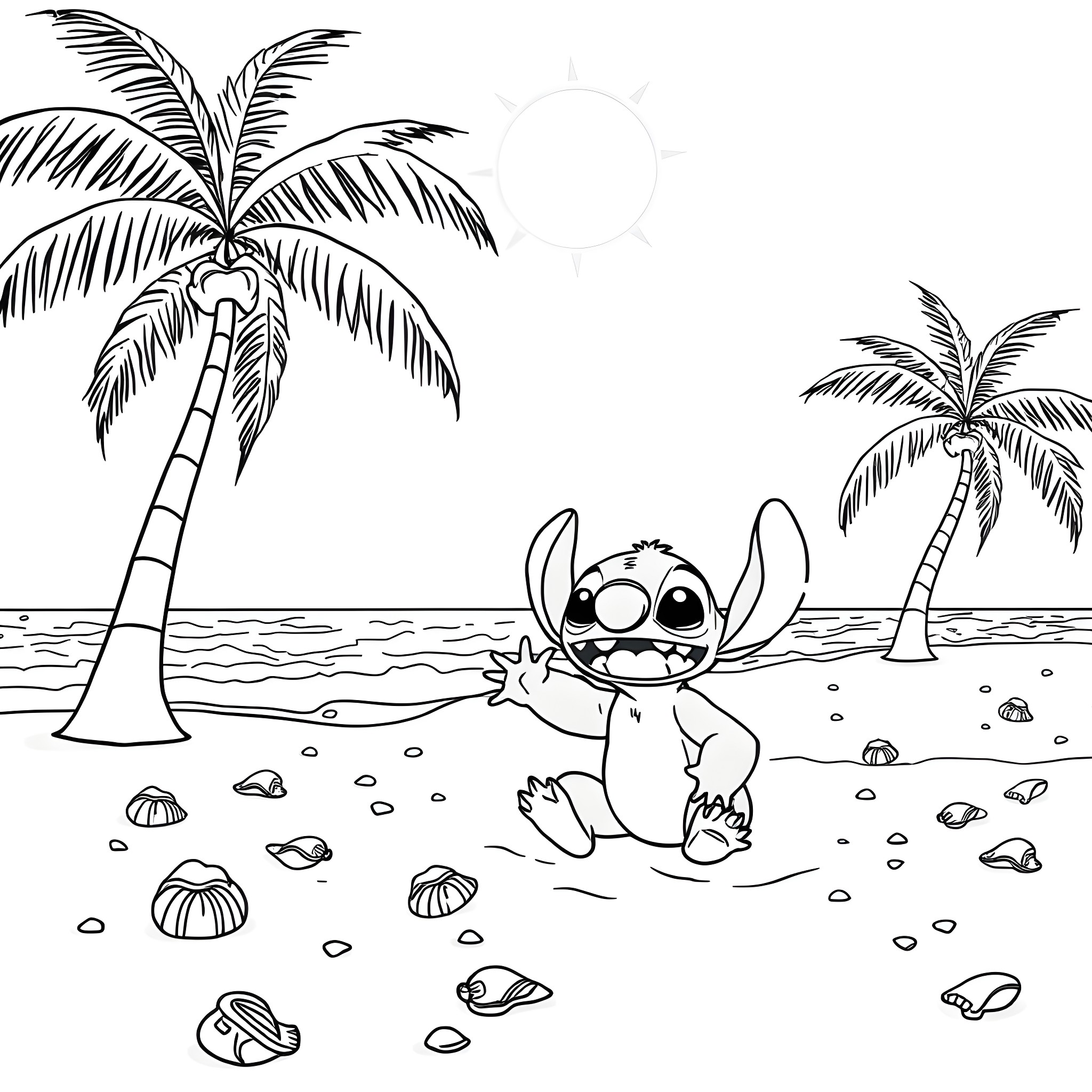 Stitch enjoying a day at the beach Coloring Page (free black-and-white line drawing printable PDF for all, from beginners to advanced learners, including children, teens, adults, and seniors)