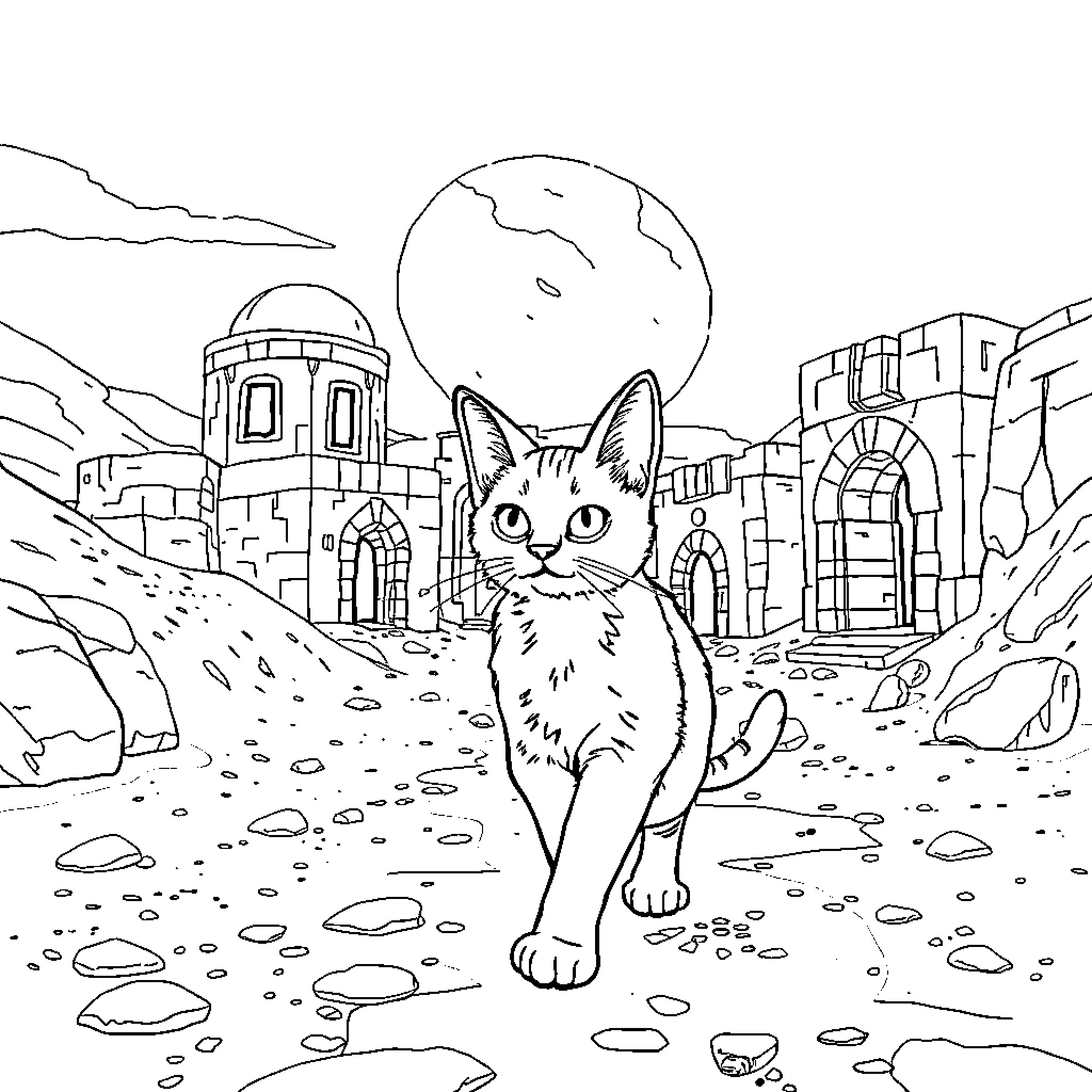 Cat exploring an ancient ruin landscape Coloring Page (free black-and-white line drawing printable PDF for all, from beginners to advanced learners, including children, teens, adults, and seniors)