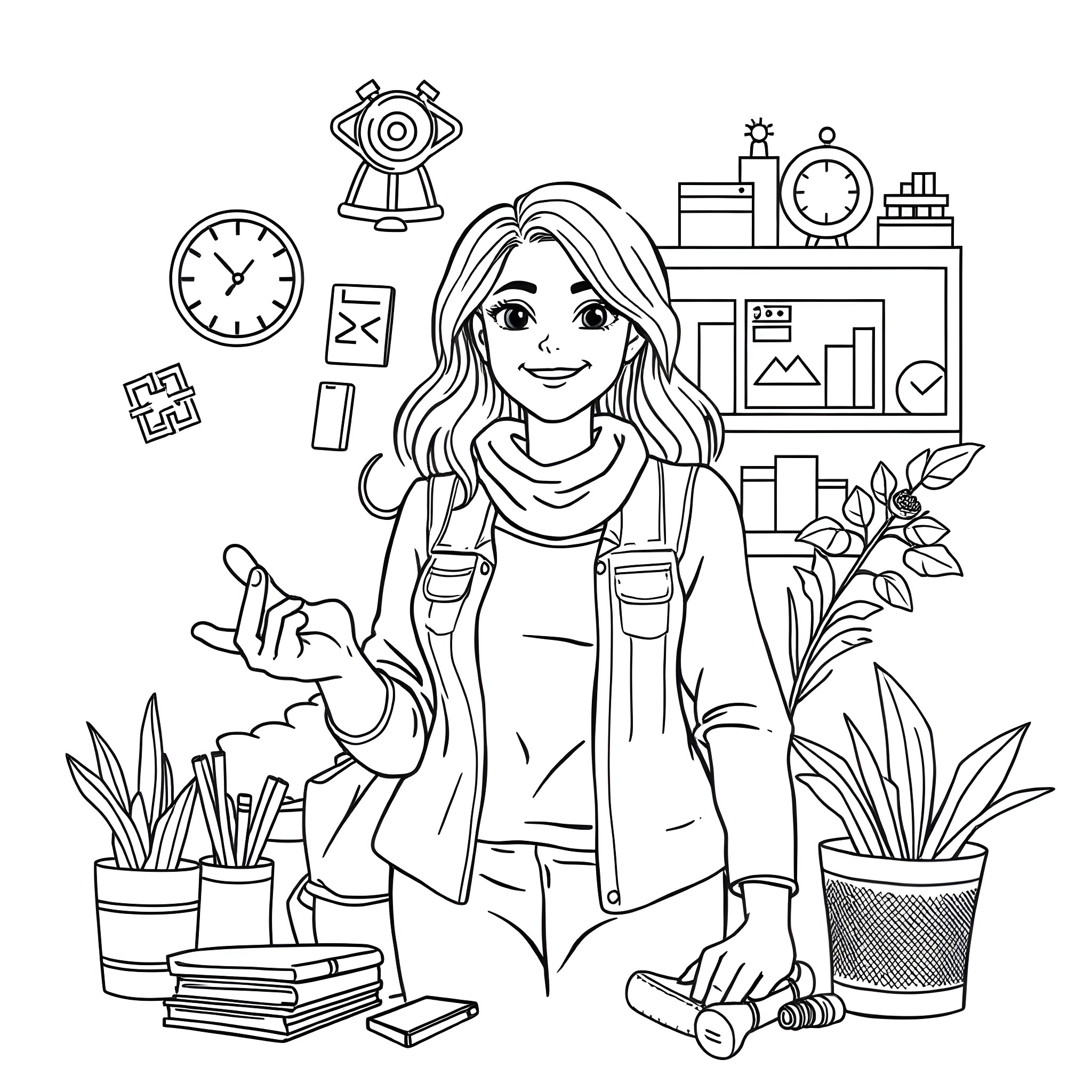 Mom working in her home office Coloring Page (free black-and-white line drawing printable PDF for all, from beginners to advanced learners, including children, teens, adults, and seniors)