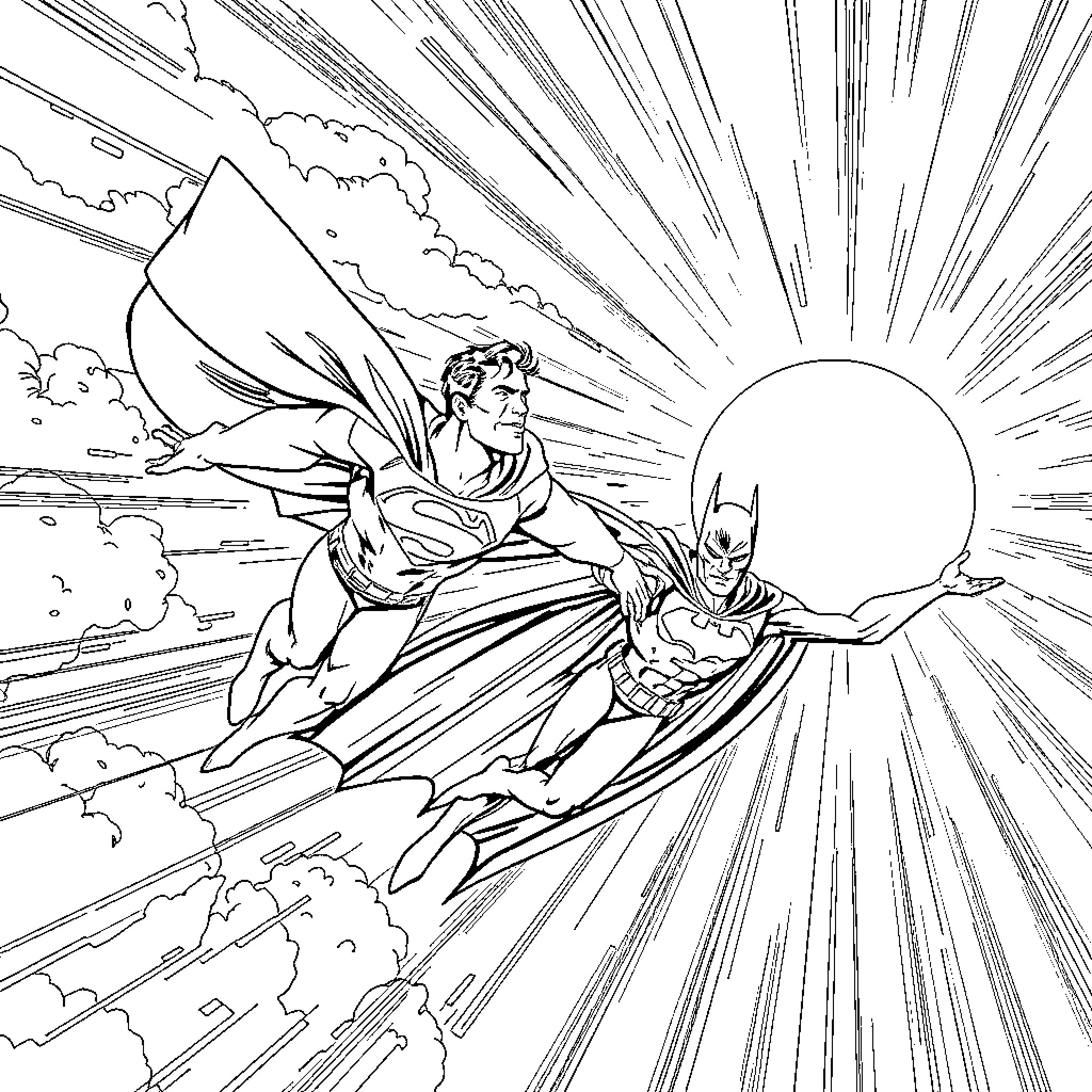 Superman and Batman soar through the sky Coloring Page (free black-and-white line drawing printable PDF for all, from beginners to advanced learners, including children, teens, adults, and seniors)