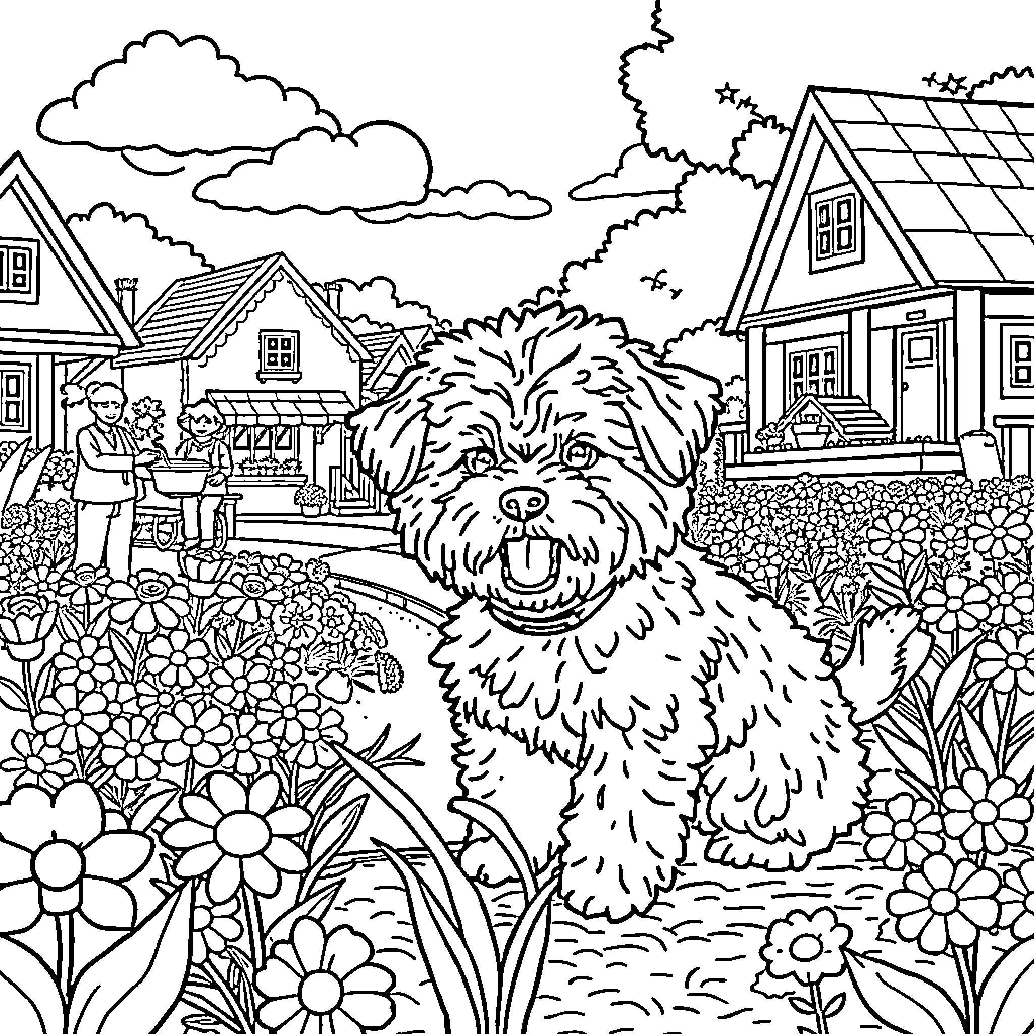 Bichon frolicking in a vibrant garden landscape Coloring Page (free black-and-white line drawing printable PDF for all, from beginners to advanced learners, including children, teens, adults, and seniors)