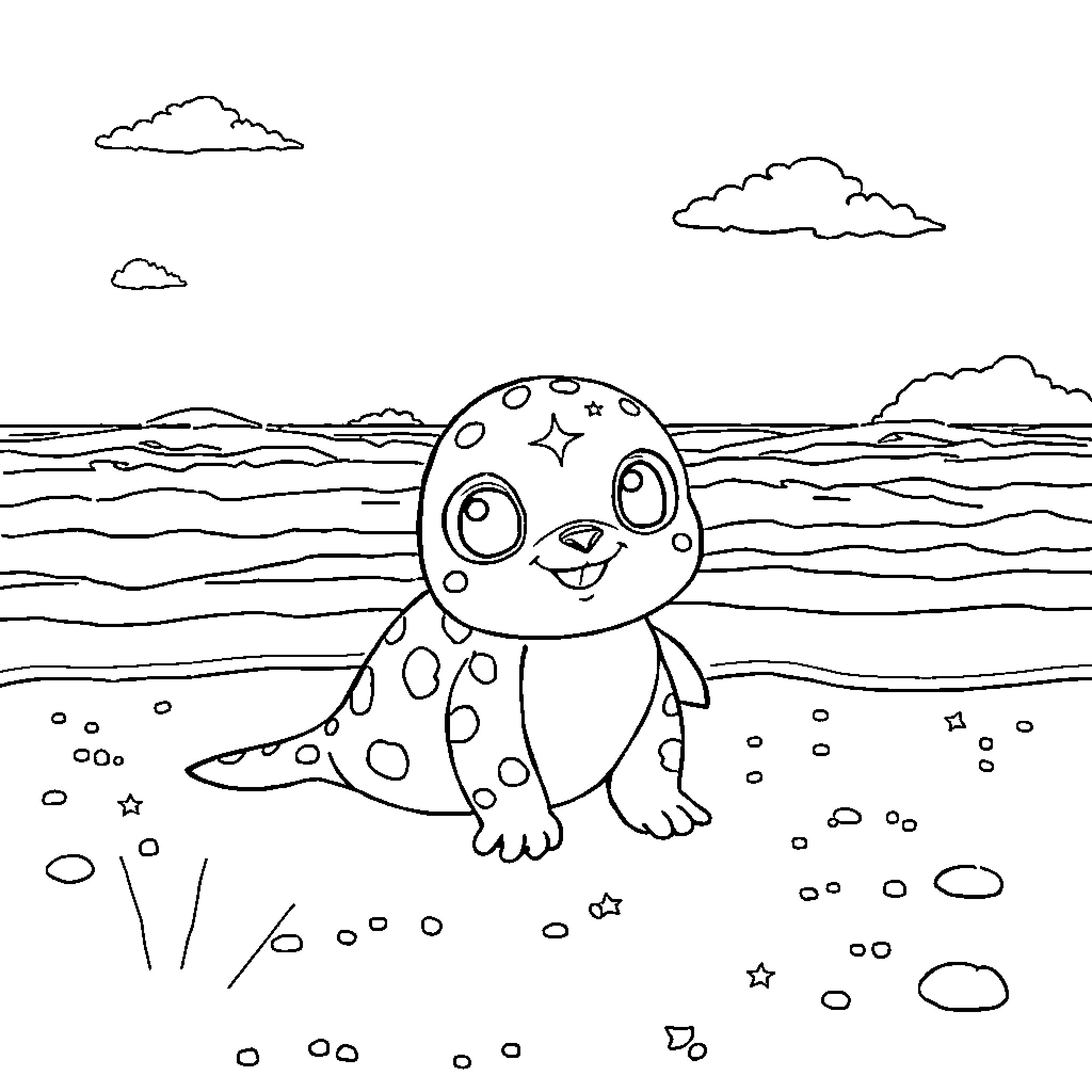 Carapuce's Coastal Adventure Coloring Page (free black-and-white line drawing printable PDF for all, from beginners to advanced learners, including children, teens, adults, and seniors)