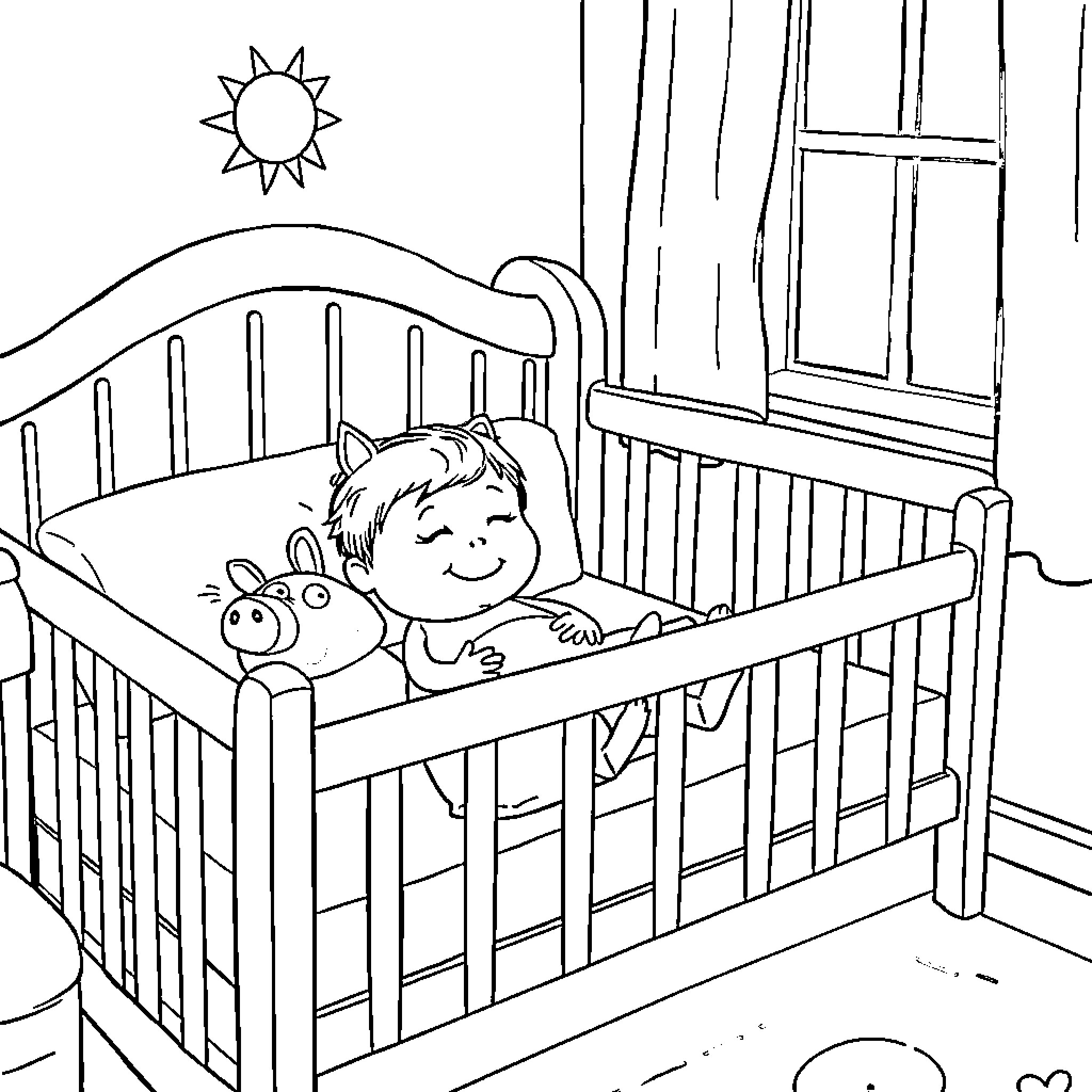 Dalia napping peacefully with her toy in the crib Coloring Page (free black-and-white line drawing printable PDF for all, from beginners to advanced learners, including children, teens, adults, and seniors)