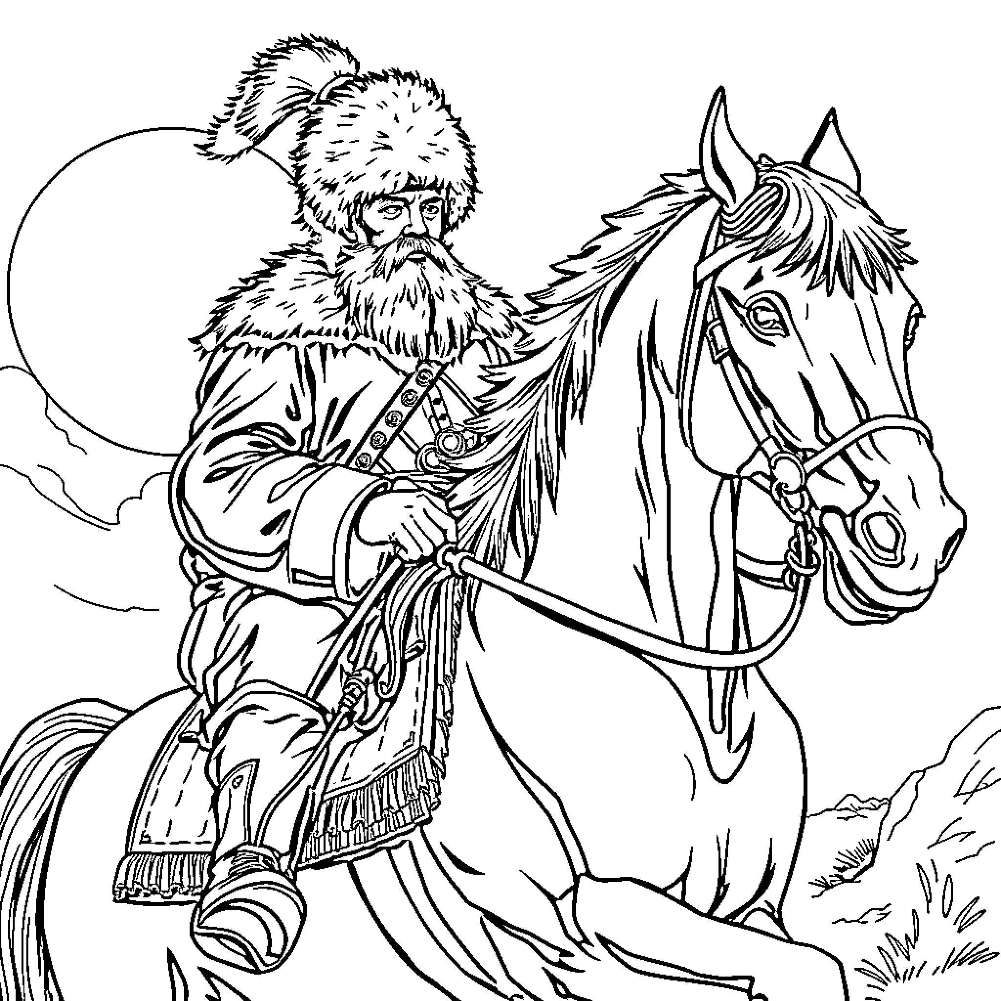 Cossack warrior riding a horse in a winter landscape Coloring Page (free black-and-white line drawing printable PDF for all, from beginners to advanced learners, including children, teens, adults, and seniors)