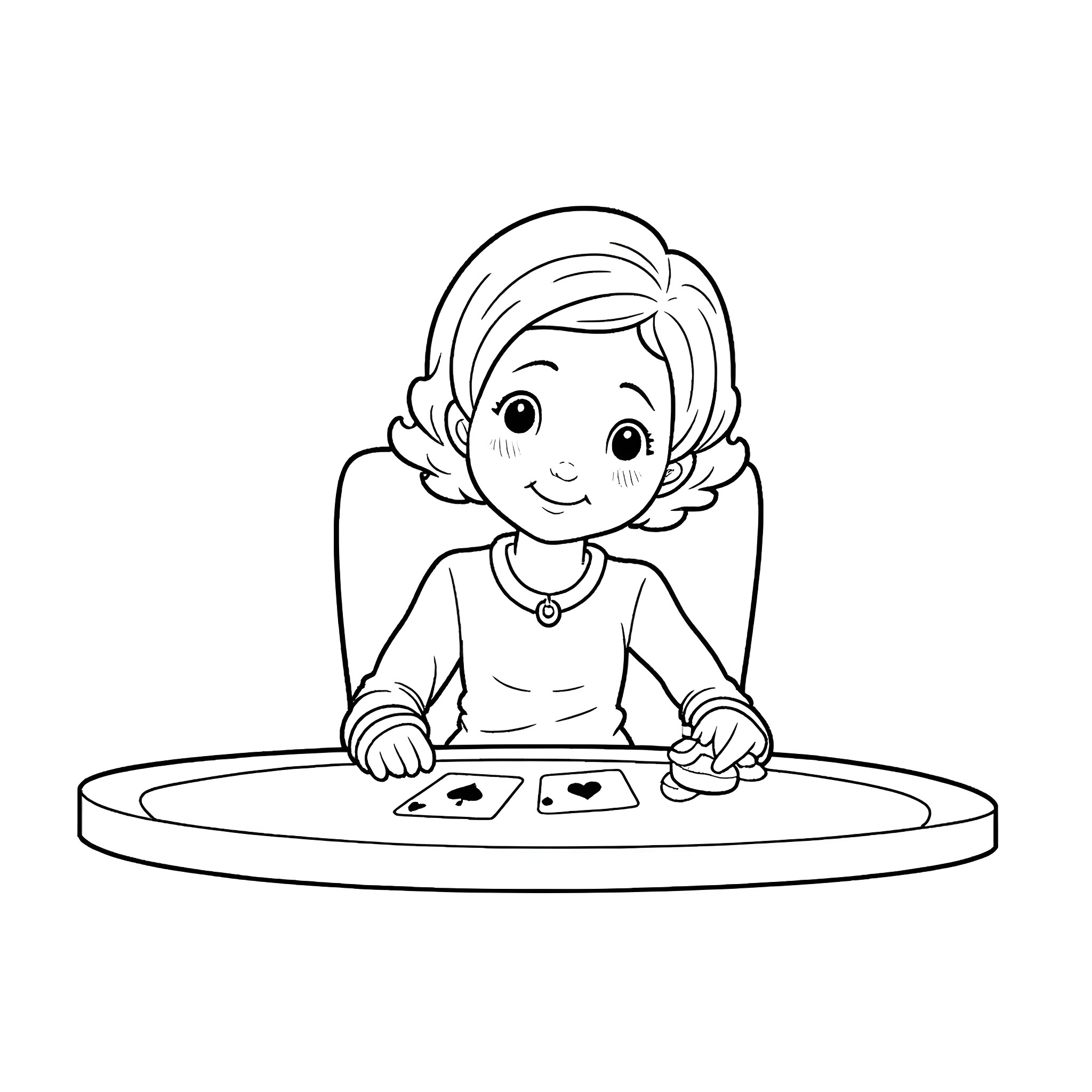 Betty White Playing Cards on the Table Coloring Page (free black-and-white line drawing printable PDF for all, from beginners to advanced learners, including children, teens, adults, and seniors)