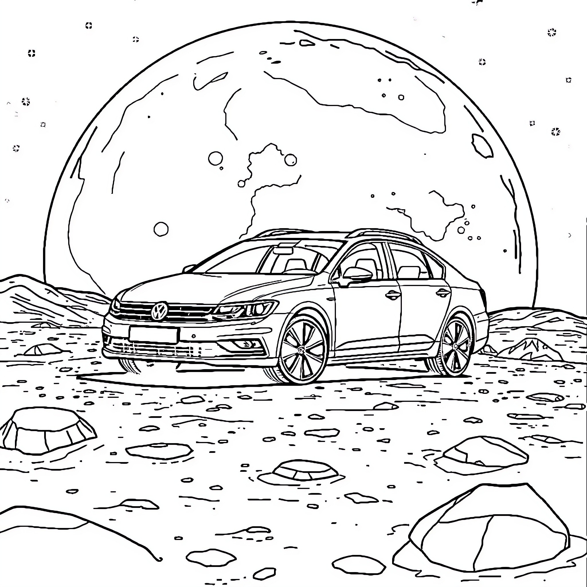 Volkswagen car exploring distant planet landscape Coloring Page (free black-and-white line drawing printable PDF for all, from beginners to advanced learners, including children, teens, adults, and seniors)