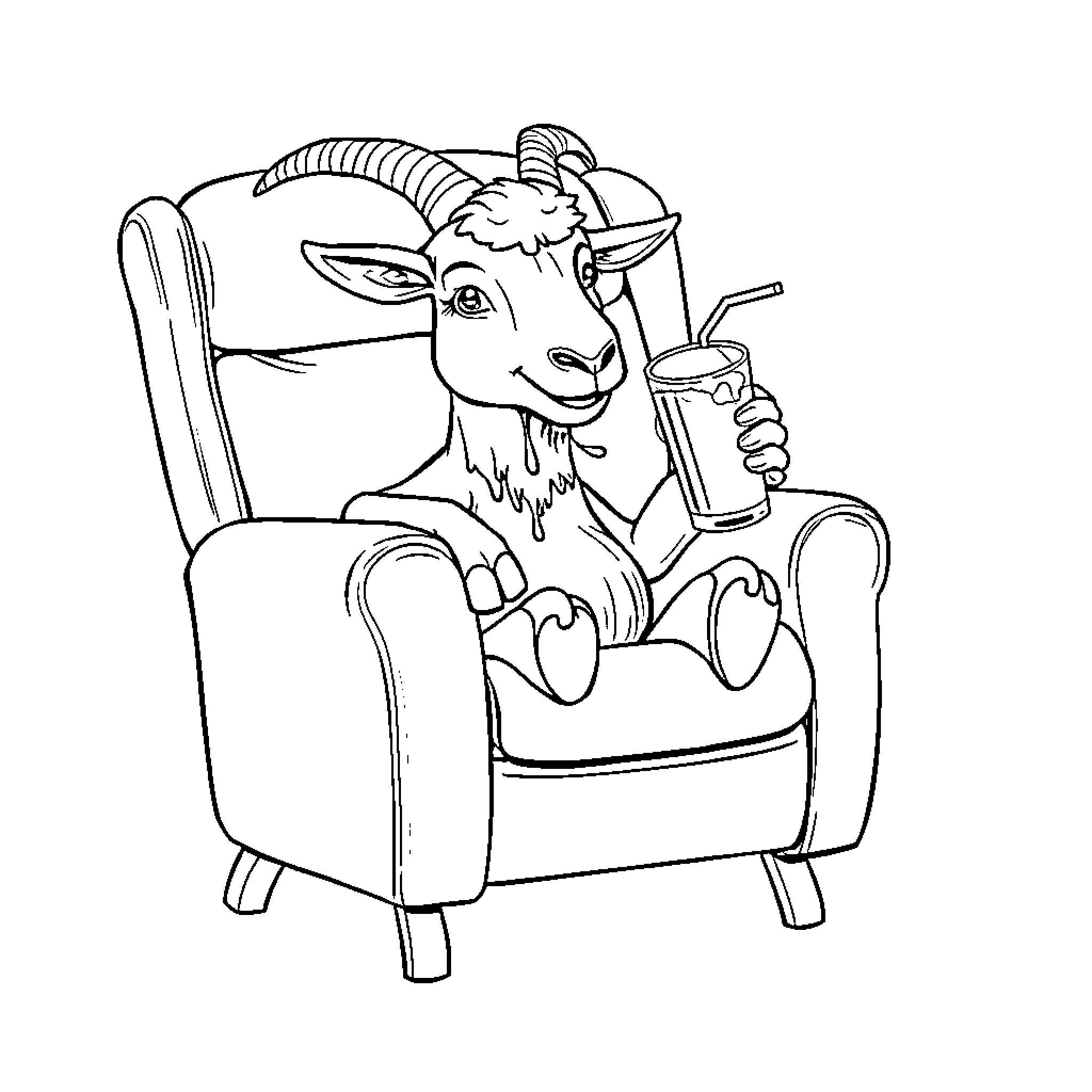 Goat relaxing with a refreshing drink Coloring Page (free black-and-white line drawing printable PDF for all, from beginners to advanced learners, including children, teens, adults, and seniors)