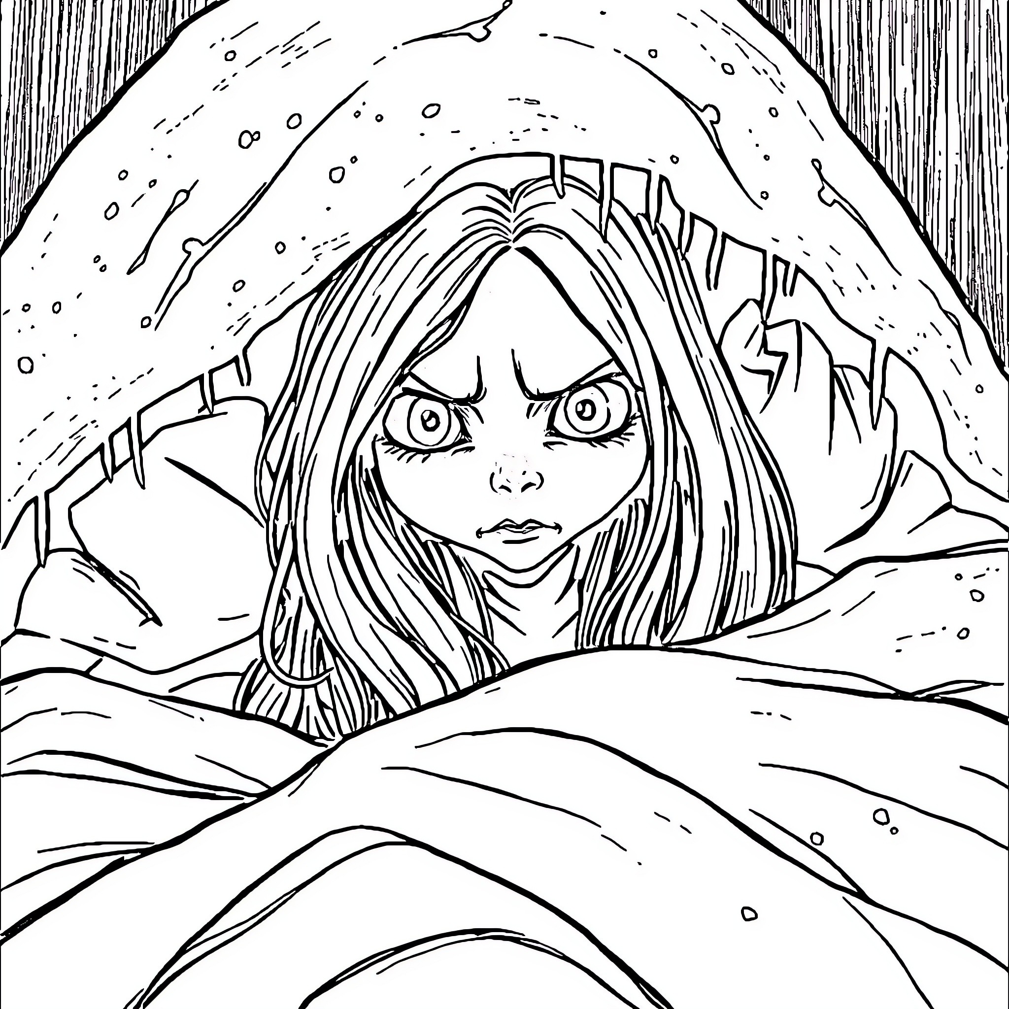 Ghost girl peering through icy, snow-covered mountains Coloring Page (free black-and-white line drawing printable PDF for all, from beginners to advanced learners, including children, teens, adults, and seniors)