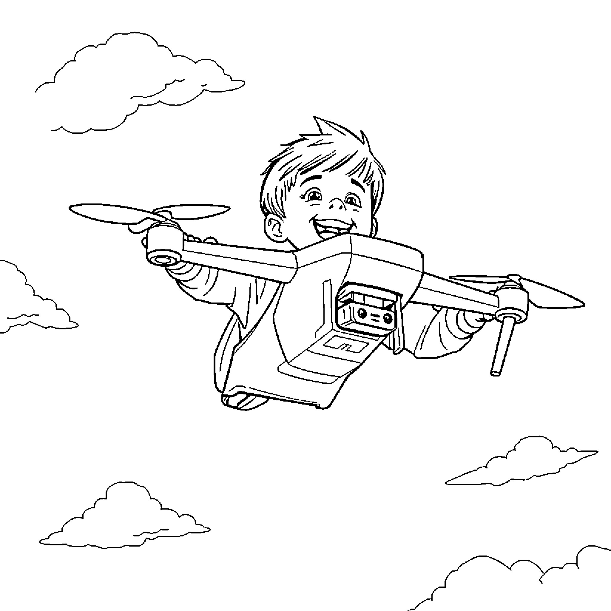 Boy flying drone with excitement in the sky Coloring Page (free black-and-white line drawing printable PDF for all, from beginners to advanced learners, including children, teens, adults, and seniors)