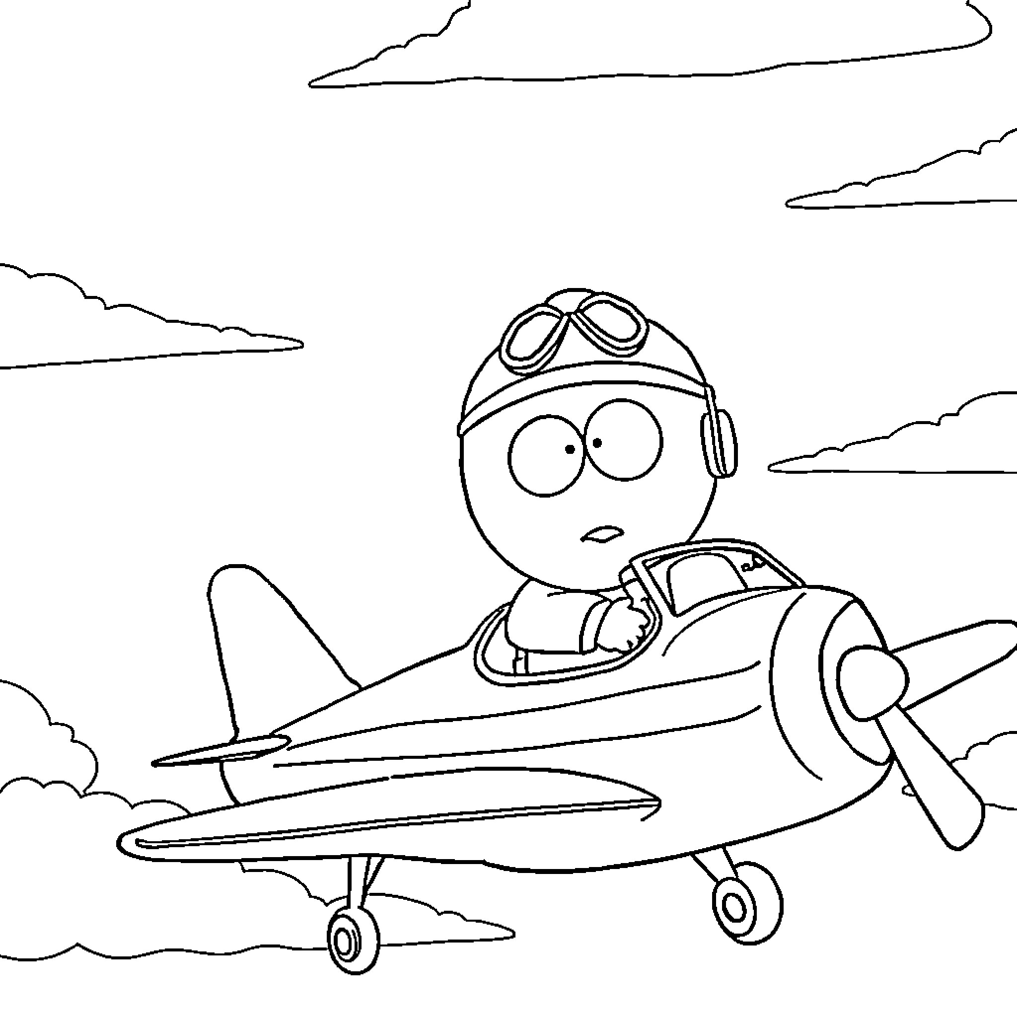 Eric Cartman's Aerial Adventure in his Plane Coloring Page (free black-and-white line drawing printable PDF for all, from beginners to advanced learners, including children, teens, adults, and seniors)